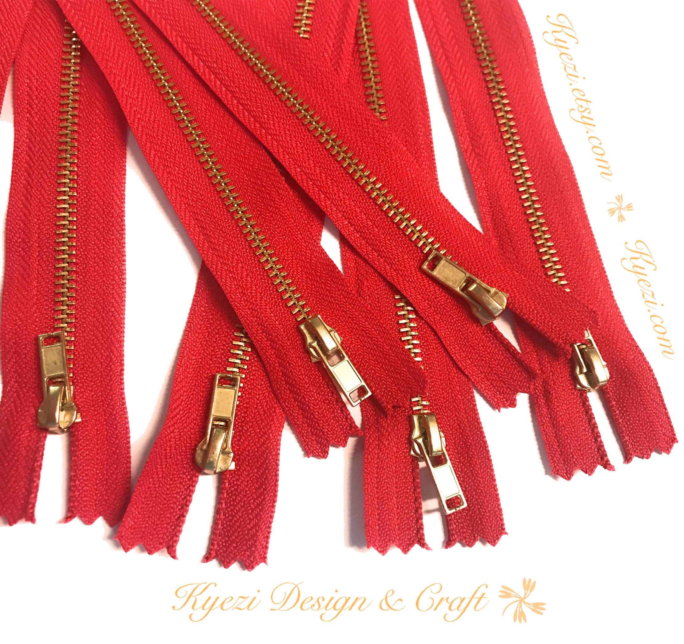 10-Pack Brass Gold Metal Teeth Zippers - Kyezi Design & Craft for DIY Fashion (Red, 16 Inch) - Perfect for Jackets, Bags & Costume Accessories