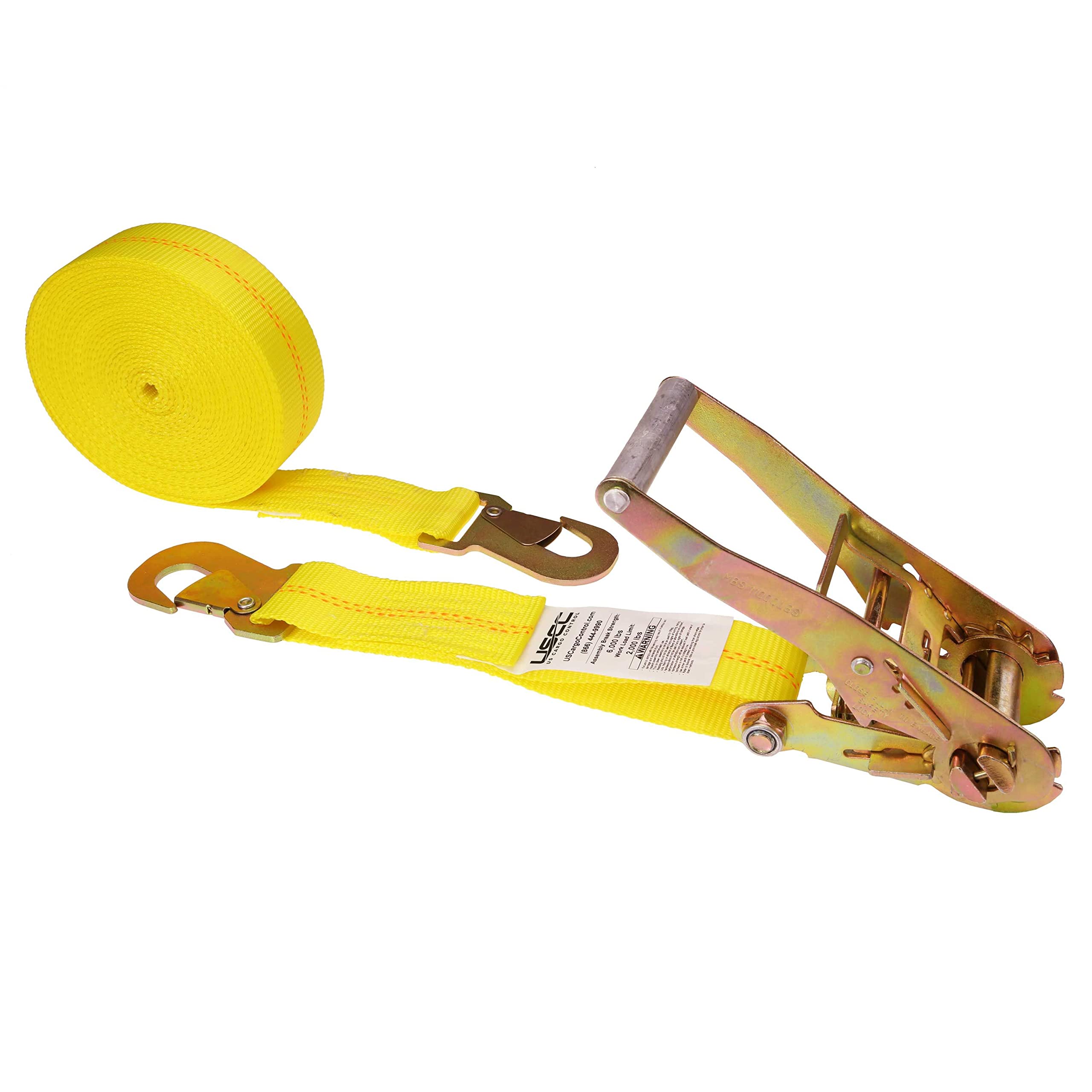 2 Inch x 27 Foot Heavy Duty Ratchet Strap with Snap Hook - 5,000 lbs Break Strength - Yellow Cargo Tie Down Straps for Trucks, Trailers, Motorcycles & Furniture Transport - Secure Locking Hook for Safe Shipping