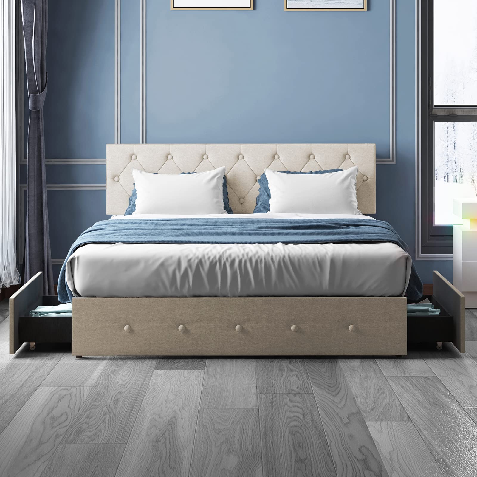 Platform King Bed Frame with Linen Fabric Headboard & 4 Storage Drawers - Diamond Stitched Button Tufted Design, Wooden Slats Support, No Box Spring Needed (Beige) - Perfect for Master Bedroom, Guest Room & Small Space Organization