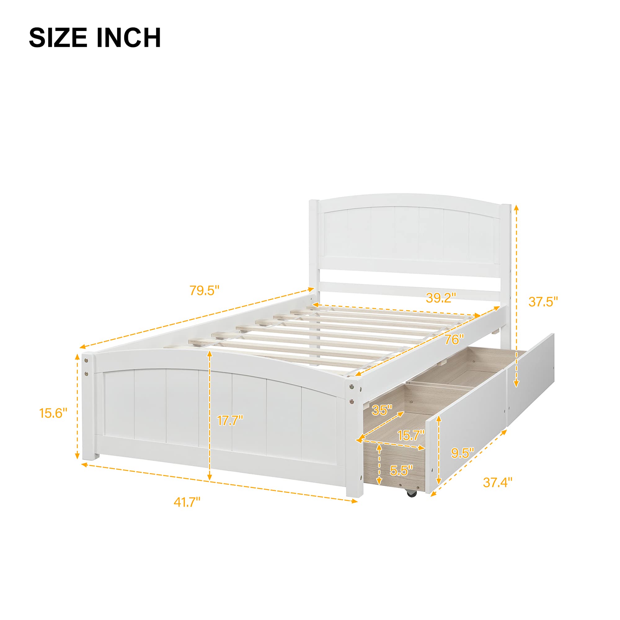 Twin Platform Bed Frame with 2 Storage Drawers - Solid Pine Wood, Space Saving Minimalist Design (White) - Perfect for Small Bedrooms, Kids Rooms & Guest Rooms