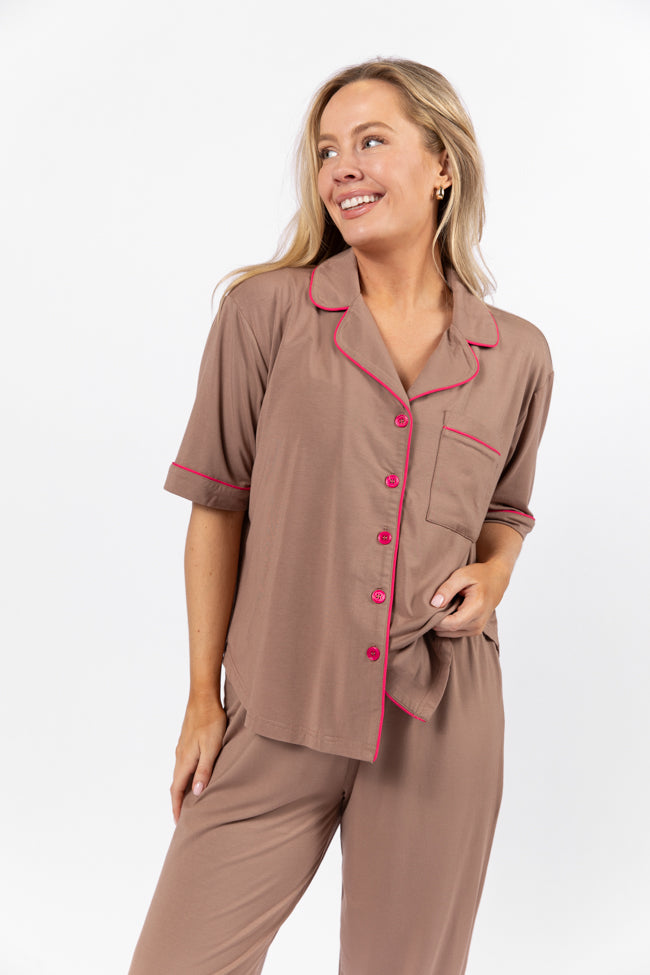 Cozy Brown Pajama Set for Women - Soft Sleepwear Lounge Set with Pockets - Perfect for Relaxing at Home, Travel & Sleepovers