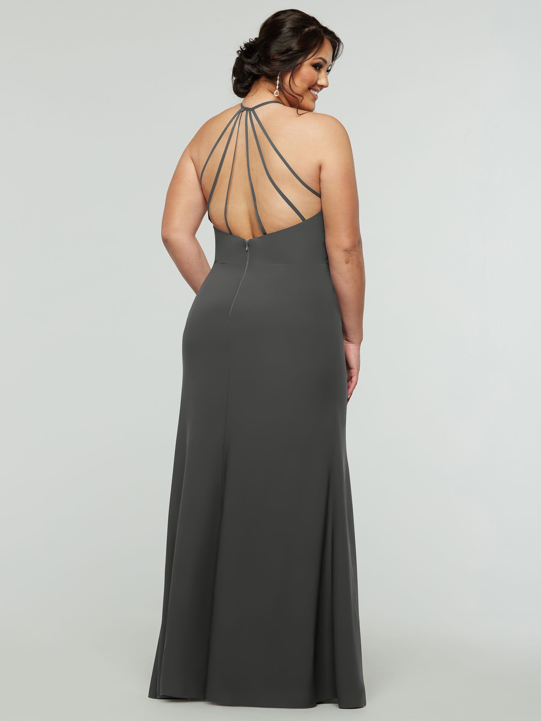 Elegant 83031 Fit and Flare Stretch Chiffon Bridesmaid Dress with Halter Neck & Thigh Slit - Perfect for Weddings, Proms, and Formal Events