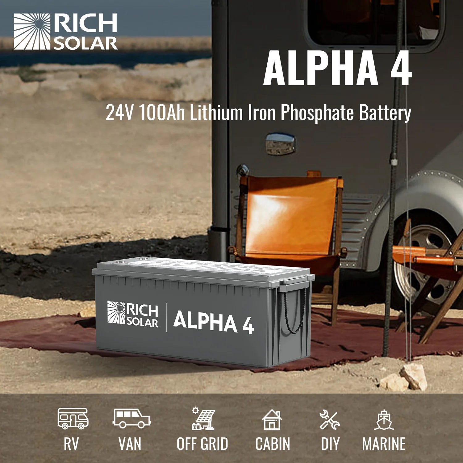 Rich Solar ALPHA 4 24V 100Ah LiFePO4 Lithium Battery with Built-in Heating & Bluetooth - Perfect for Solar Power Systems, RVs, Marine Applications, and Off-Grid Energy Storage