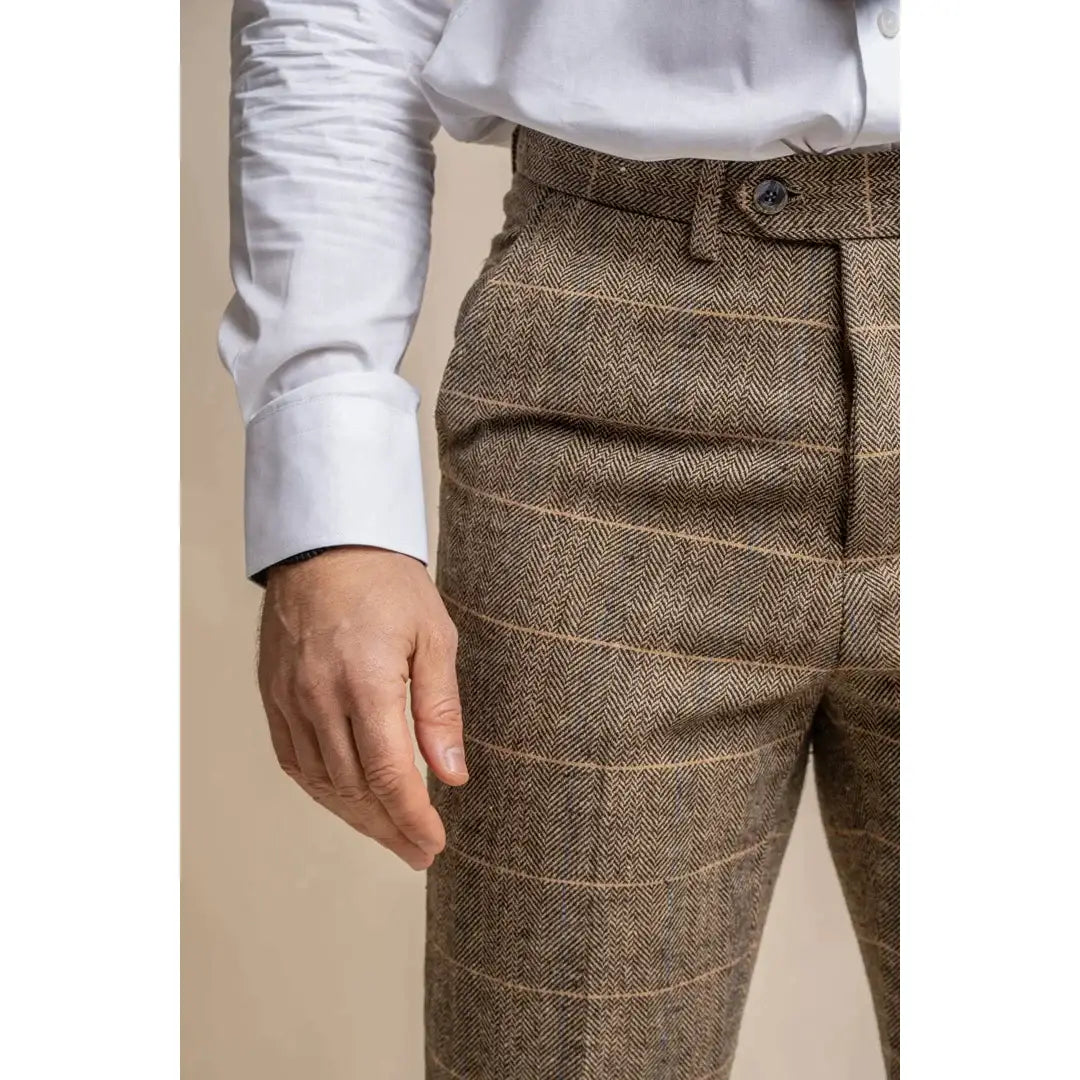Cavani Albert Men's Brown Tweed Check Trousers - Classic Vintage Style Dress Pants for Office, Wedding & Formal Occasions