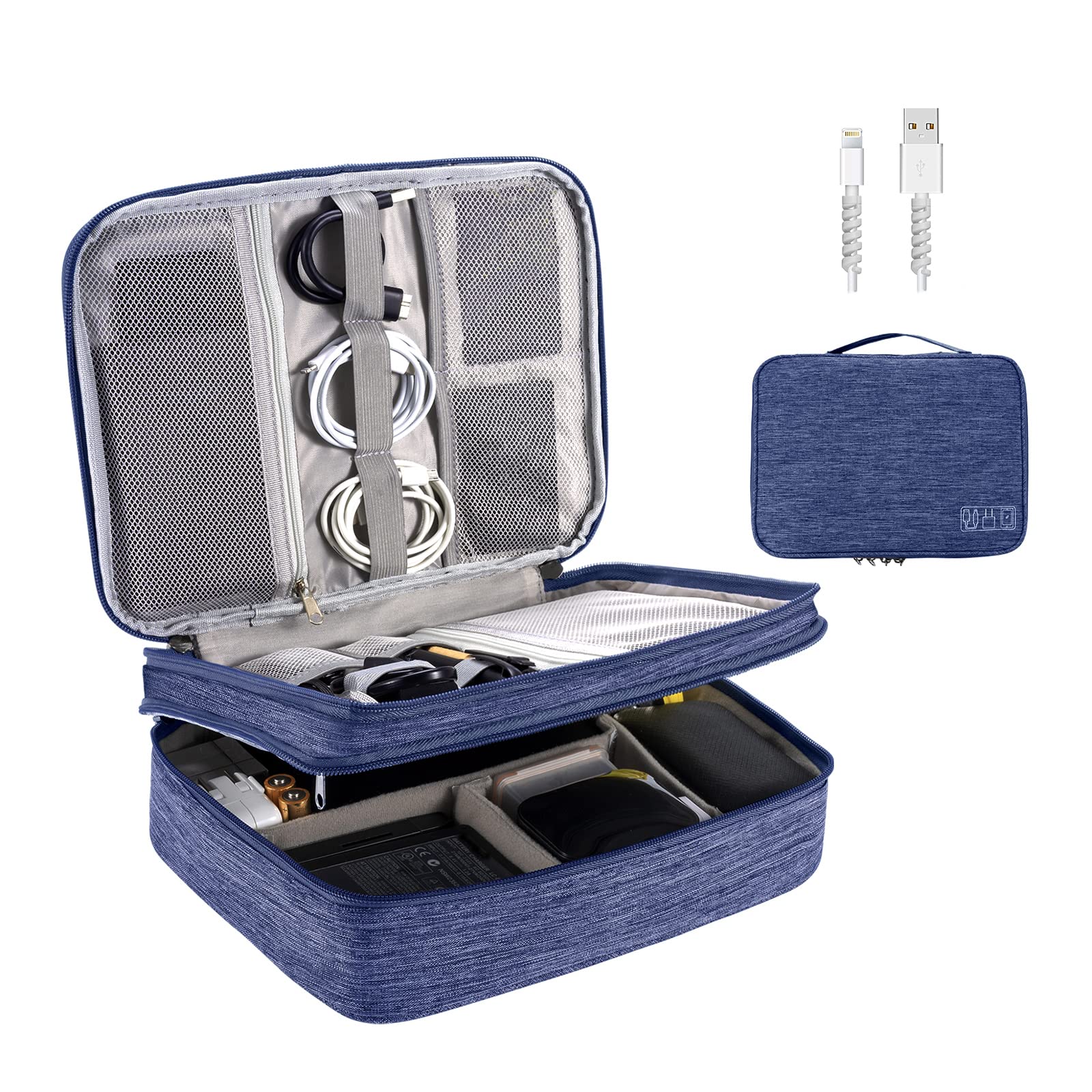OrgaWise Waterproof Electronic Cable Organizer Bag - Portable Storage for Tablet, Hard Drive, Charger, USB Cables, Memory Cards & Adapters (3-Layer, Blue) | Perfect for Travel, Office & Home Organization