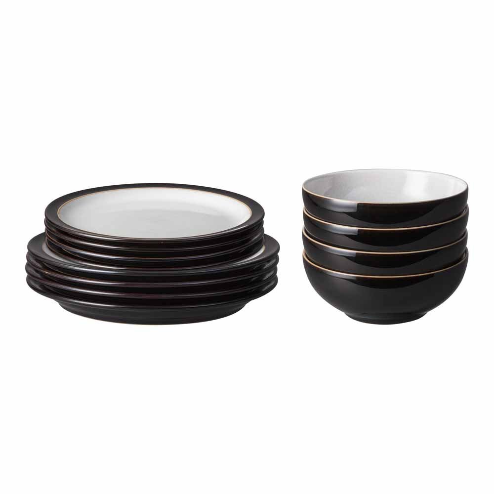 Denby Elements Black 12-Piece Dinnerware Set - Premium Ceramic Plates & Bowls - Dishwasher & Microwave Safe - Includes 4 Dinner Plates, 4 Salad Plates & 4 Soup Bowls - Perfect for Family Dinners, Entertaining & Everyday Use