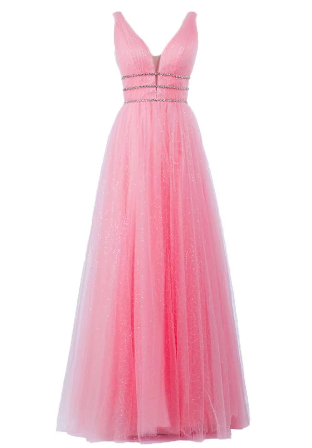FTBY Women's Elegant V-Neck Sleeveless Long Tulle Bridesmaid Dress with Sequin Details - Perfect for Weddings, Evening Balls & Formal Events
