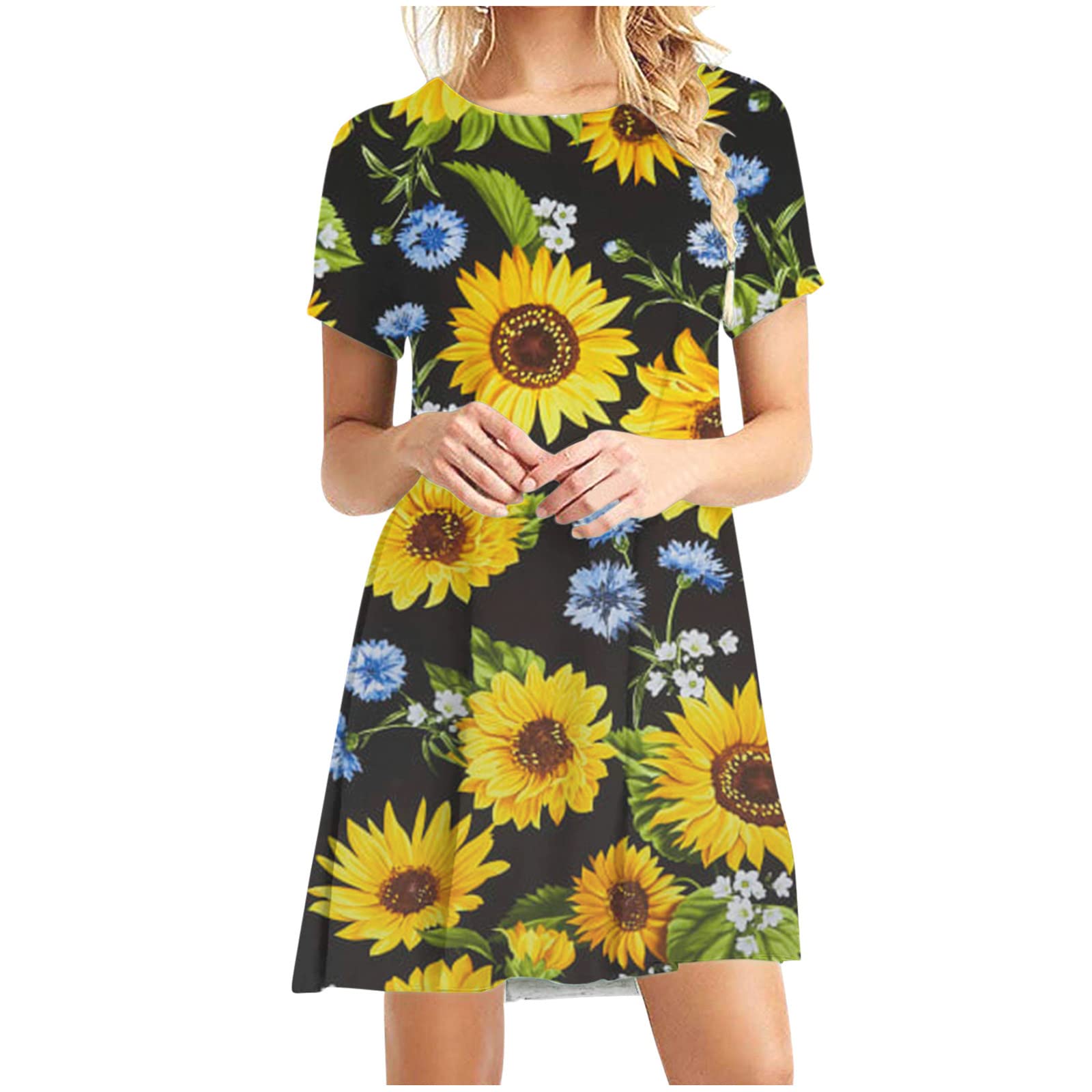 NaRHbrg Women's Cute Sunflower Print Summer Casual T-Shirt Dress - Short Sleeve Boho Beach Dress for 2022 | Perfect for Vacation, Picnic & Outdoor Activities