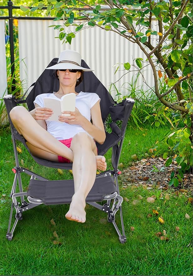 Premium Hammock Camping Chair with Stand - Heavy Duty Rocking Swivel Chair with High Back Support, Cup Holder & Side Pockets - Portable Outdoor Lounge Chair for Backyard, Beach, Camping & Patio Relaxation (Black with Footrest)