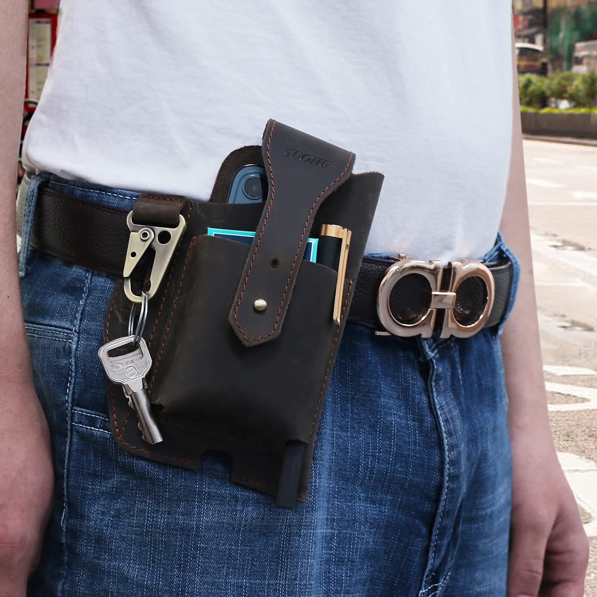 Premium Leather Phone Holster with Belt Clip - Universal Leather Cell Phone Pouch for iPhone & Smartphones - Tactical Belt Phone Case for Men & Women - Dark Brown - Perfect for Outdoor, Work & Daily Use
