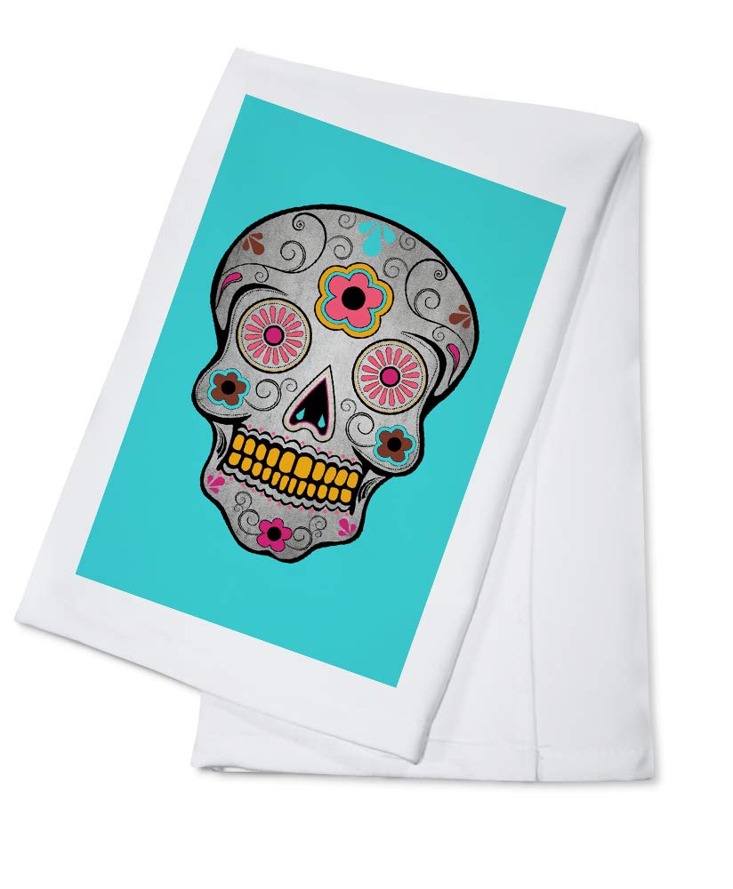Day of The Dead Sugar Skull Tea Towel - Pink & Teal 100% Cotton Decorative Hand Towel for Kitchen, Bathroom & Home Decor | Perfect for Halloween, Dia de Los Muertos & Themed Parties