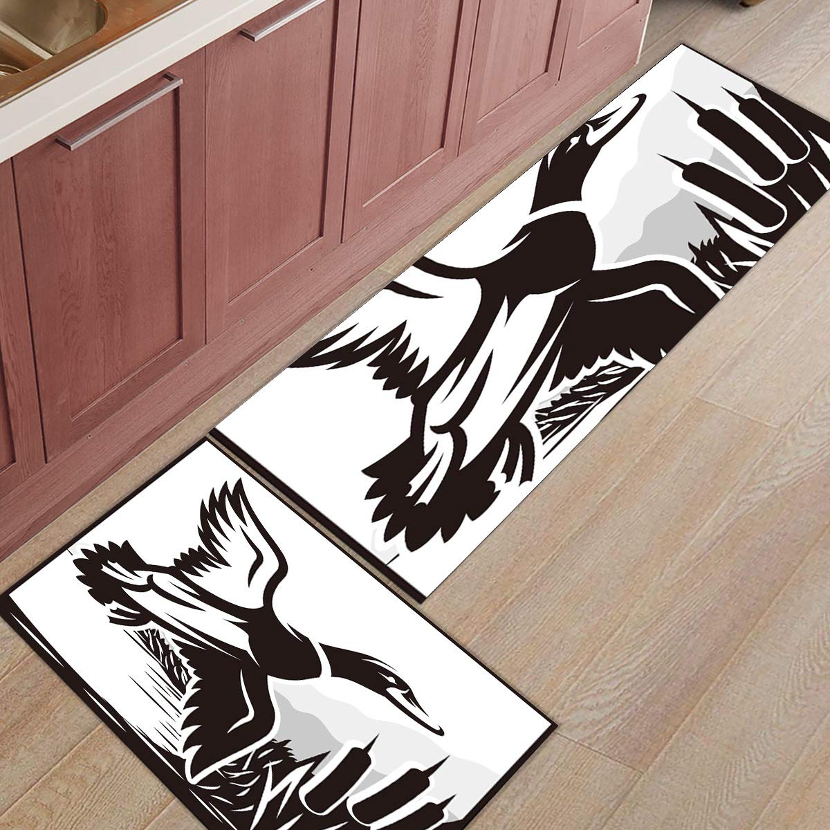 Premium Non-Slip Kitchen Rugs Set of 2 - Wild Duck Black & White Pattern Rubber Backing Floor Mats (19.7x31.5in + 19.7x63in) for Kitchen, Entryway, Laundry Room & High Traffic Areas