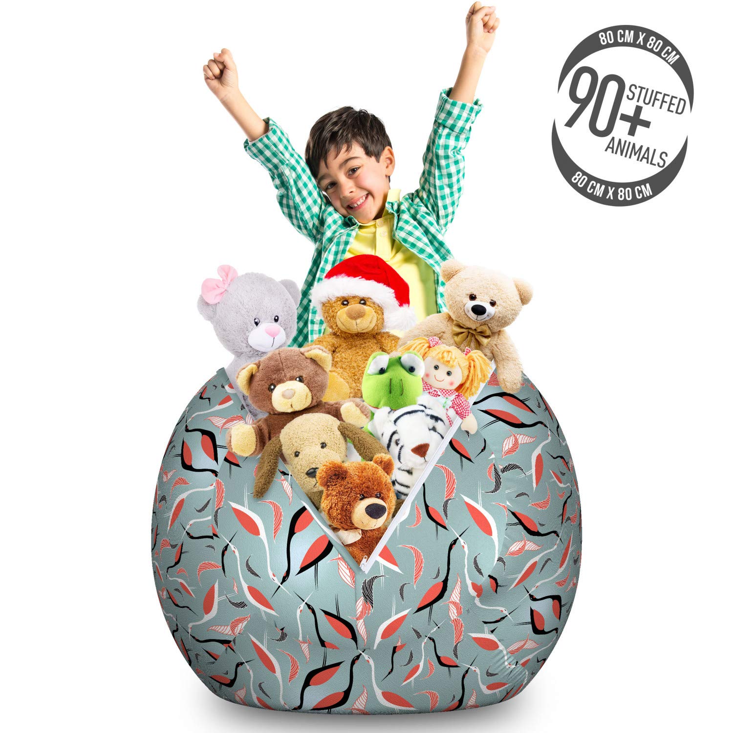 Ambesonne Heron Storage Toy Bag Chair - Large Washable Stuffed Animal Organizer with Abstract Birds & Leaves Design in Pale Teal Coral | Kids Room Decor, Playroom Storage, Nursery Organization