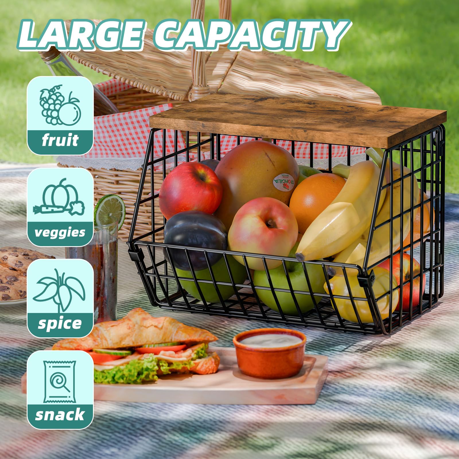 SUFAUY 2-Pack Black Wire Fruit Basket for Kitchen - Pantry Storage Bin for Potatoes, Onions & Bread - Countertop or Wall Mounted Organizer for Fresh Produce & Bakery Items