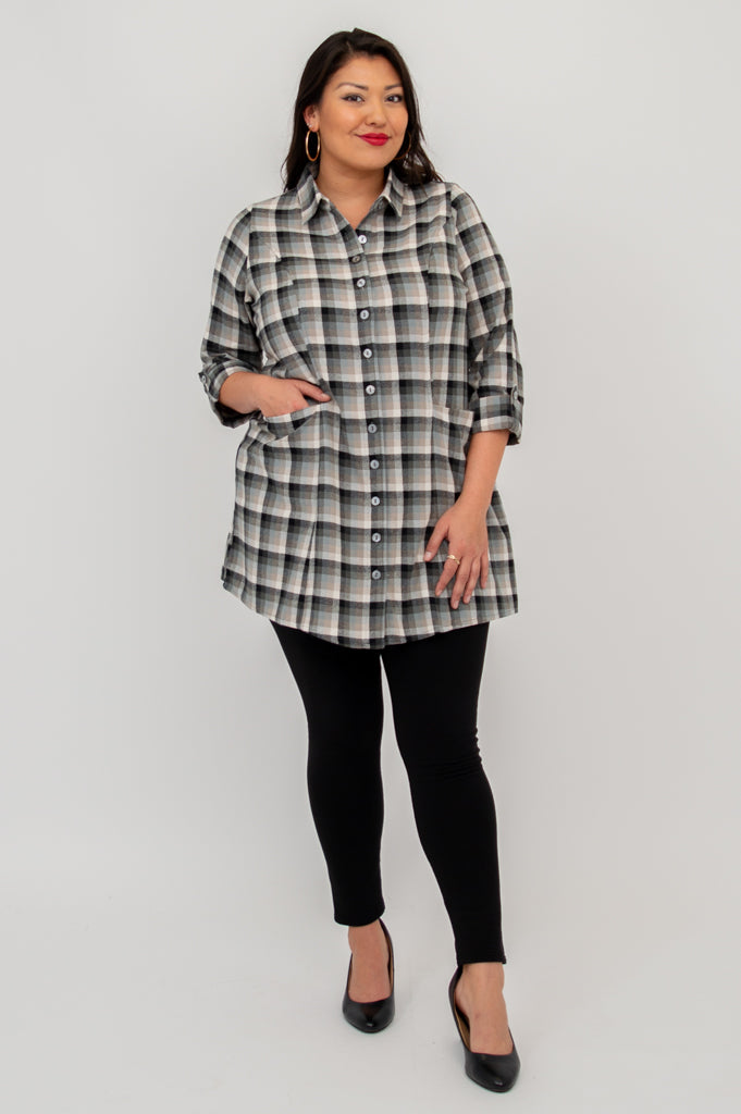 Larissa Tunic Top - Black Retro Plaid Cotton Flannel Shirt for Women | Vintage Style Fall Winter Fashion | Perfect for Casual Outfits, Office Wear & Holiday Parties