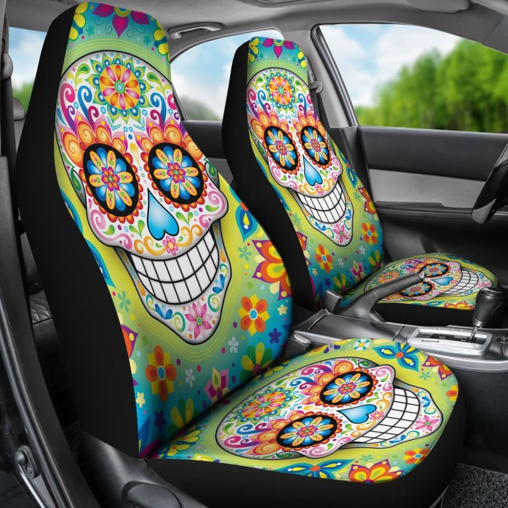 2 Pcs Gothic Sugar Skull Car Seat Covers - Halloween Decor, Dia de Los Muertos Accessories for Cars, Trucks & SUVs - Perfect for Day of the Dead Celebrations & Gothic Style Lovers