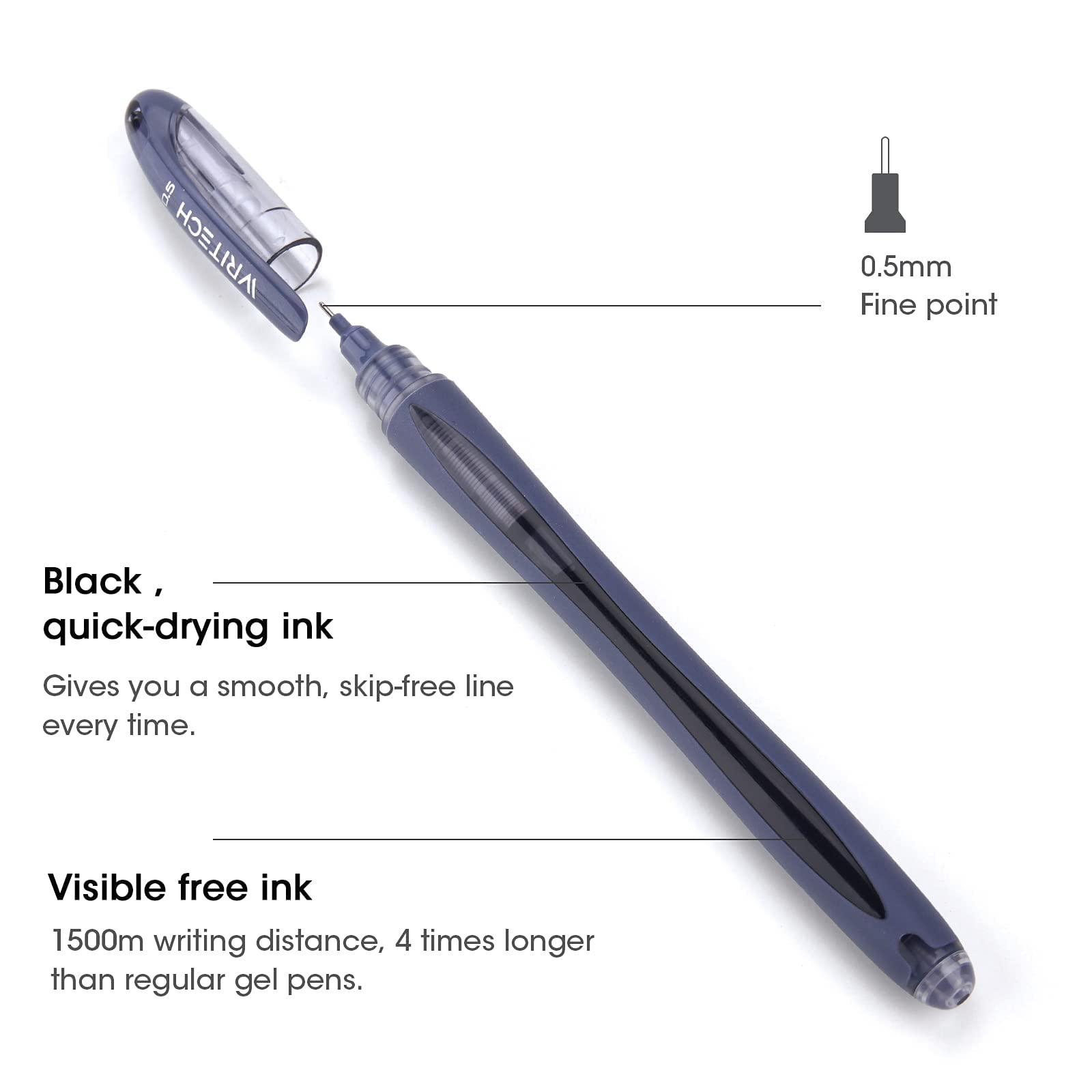 WRITECH 0.5mm Black Liquid Ink Rollerball Pens - Extra Fine Needle Tip for Smooth Writing, 10 Pack - Perfect for Journaling, Note Taking & Office Use