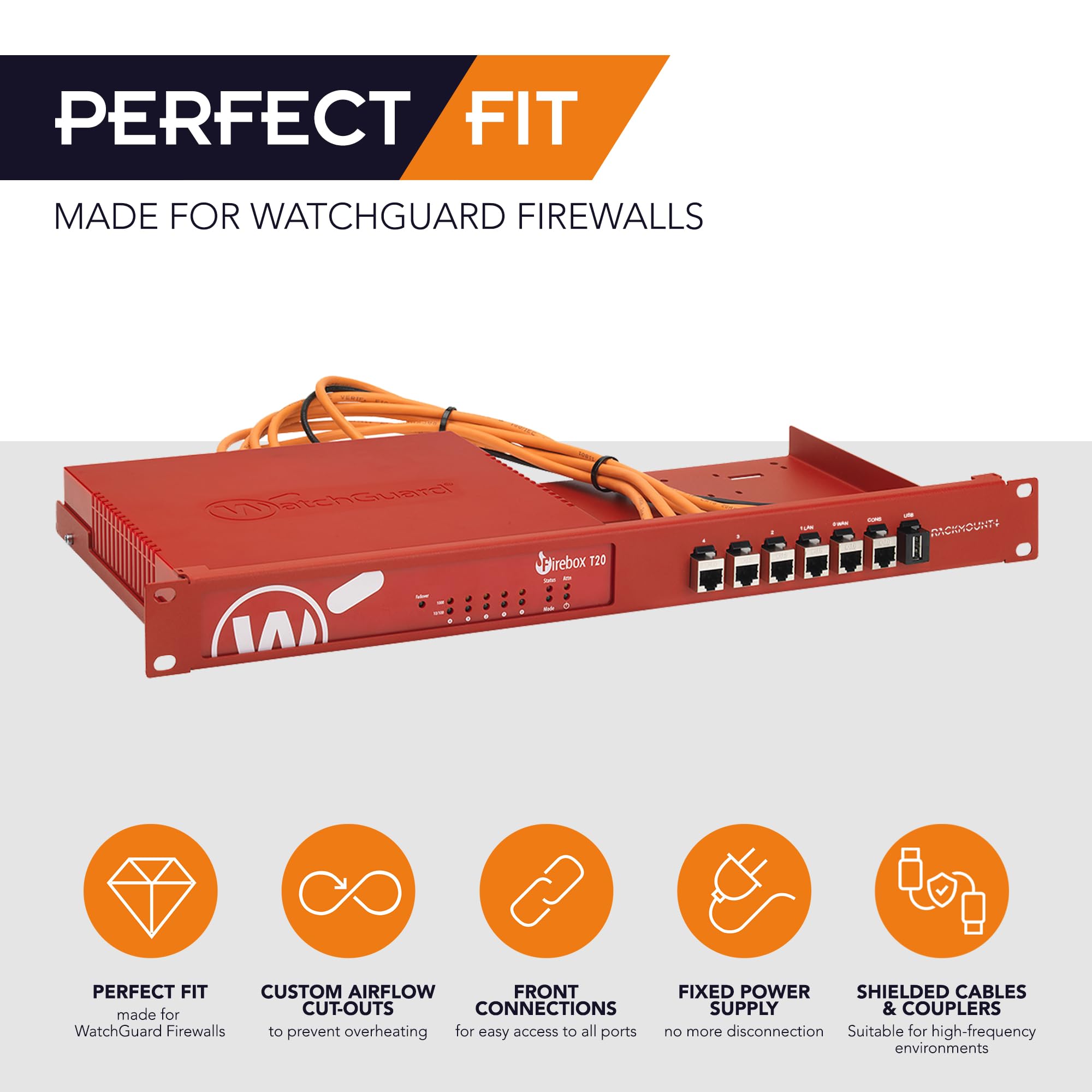 WatchGuard Firewall Industrial 1U Rack Mount Shelf - 19 Inch Server Rack with Ventilation, Front Shielded Cable Access & Coupler | RM-WG-T6i by Rackmount.IT | Ideal for Data Centers & Network Security Setups