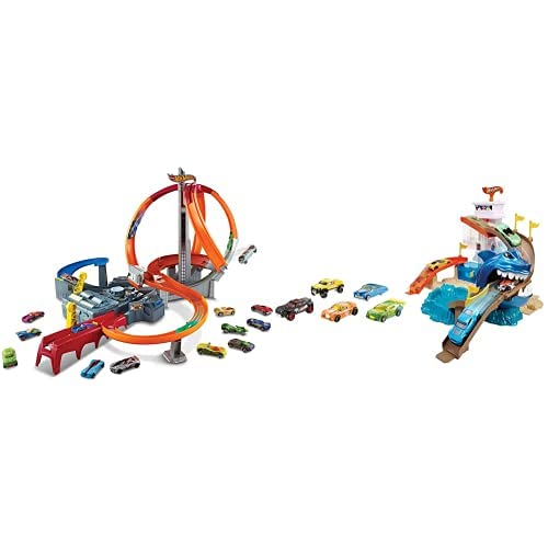 Hot Wheels Spin Storm Track Set - Orange High-Speed Multi-Lane Loop Racing Toy with Motorized Booster | Color Shifters Sharkport Showdown Cars Included | Amazon Exclusive STEM Toy for Kids Ages 6+ | Perfect for Birthday Gifts & Indoor Racing Fun
