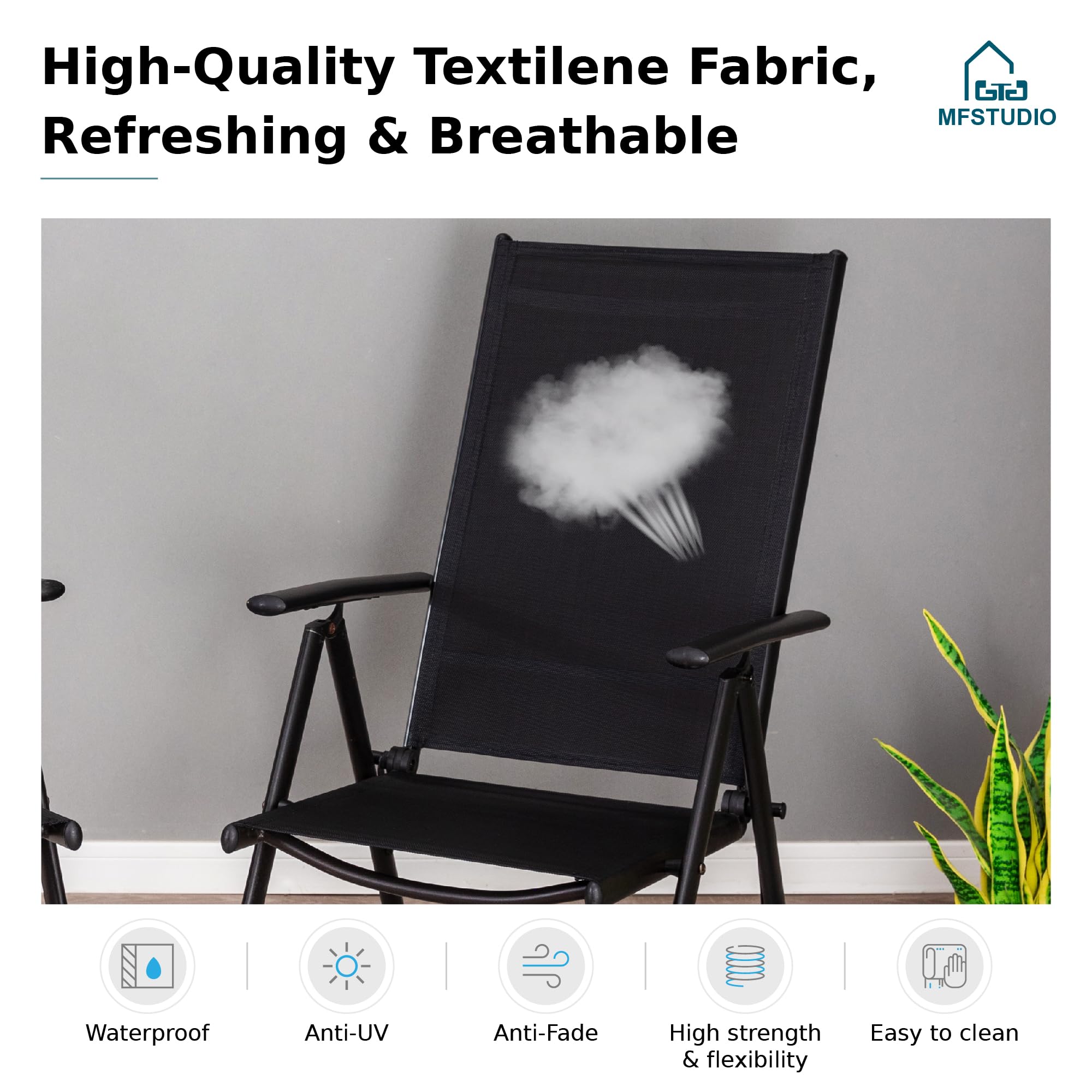 MFSTUDIO 4-Pack Folding Patio Chairs - Adjustable Black Sling Outdoor Dining Chairs for Backyard, Garden, Lawn & Poolside - Portable & Space-Saving for BBQs, Camping & Picnics