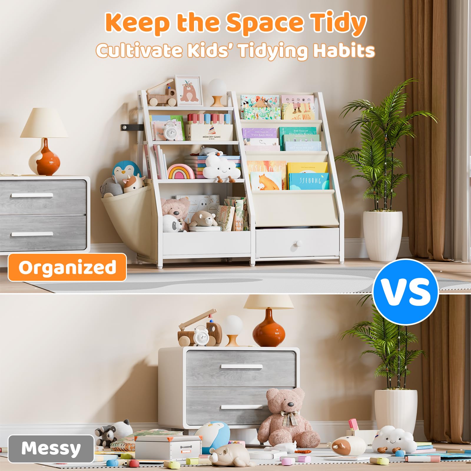 White Kids Bookshelf & Toy Storage Organizer - Montessori Bookcase for Nursery, Toddler Room & Playroom - Perfect for Organizing Books, Toys & Learning Materials