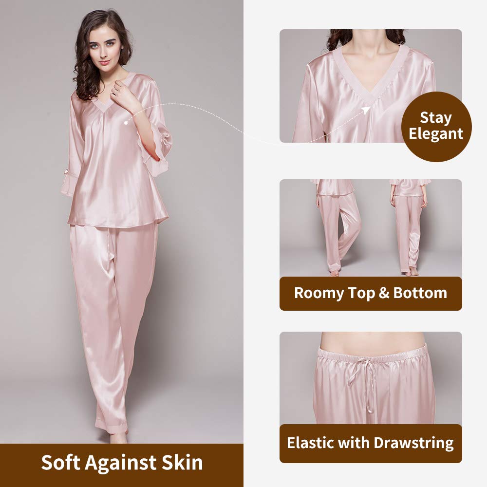 LilySilk 100% Mulberry Silk Pajama Set for Women - V-Neck 3/4 Sleeve Luxury Sleepwear | Soft & Breathable Nightwear for Relaxation, Travel & Gift Giving