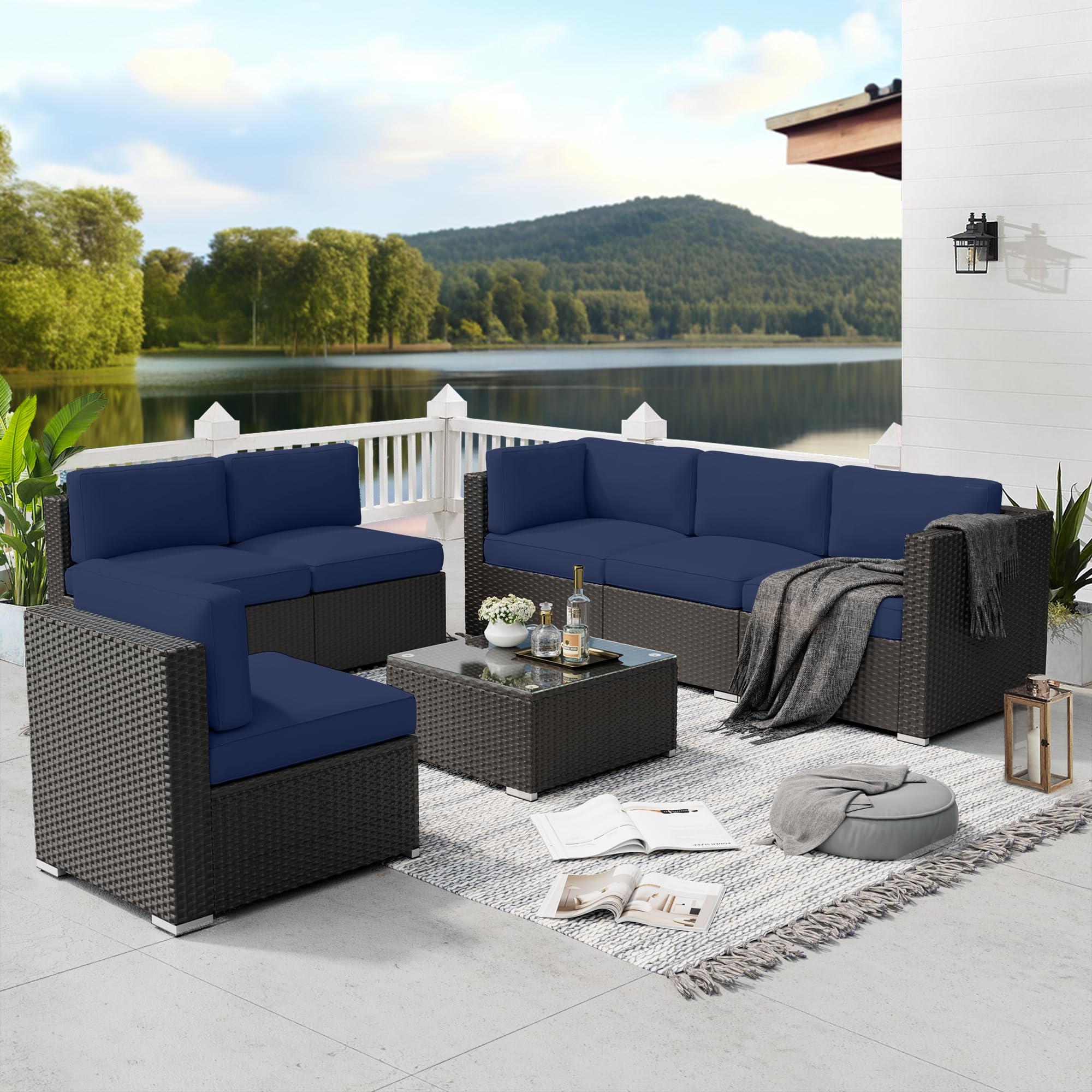 SOLAURA 7-Piece Outdoor Patio Furniture Set - Black/Brown Wicker Rattan Sectional Sofa with Coffee Table, Navy Blue Cushions - Perfect for Backyard, Poolside & Garden Relaxation