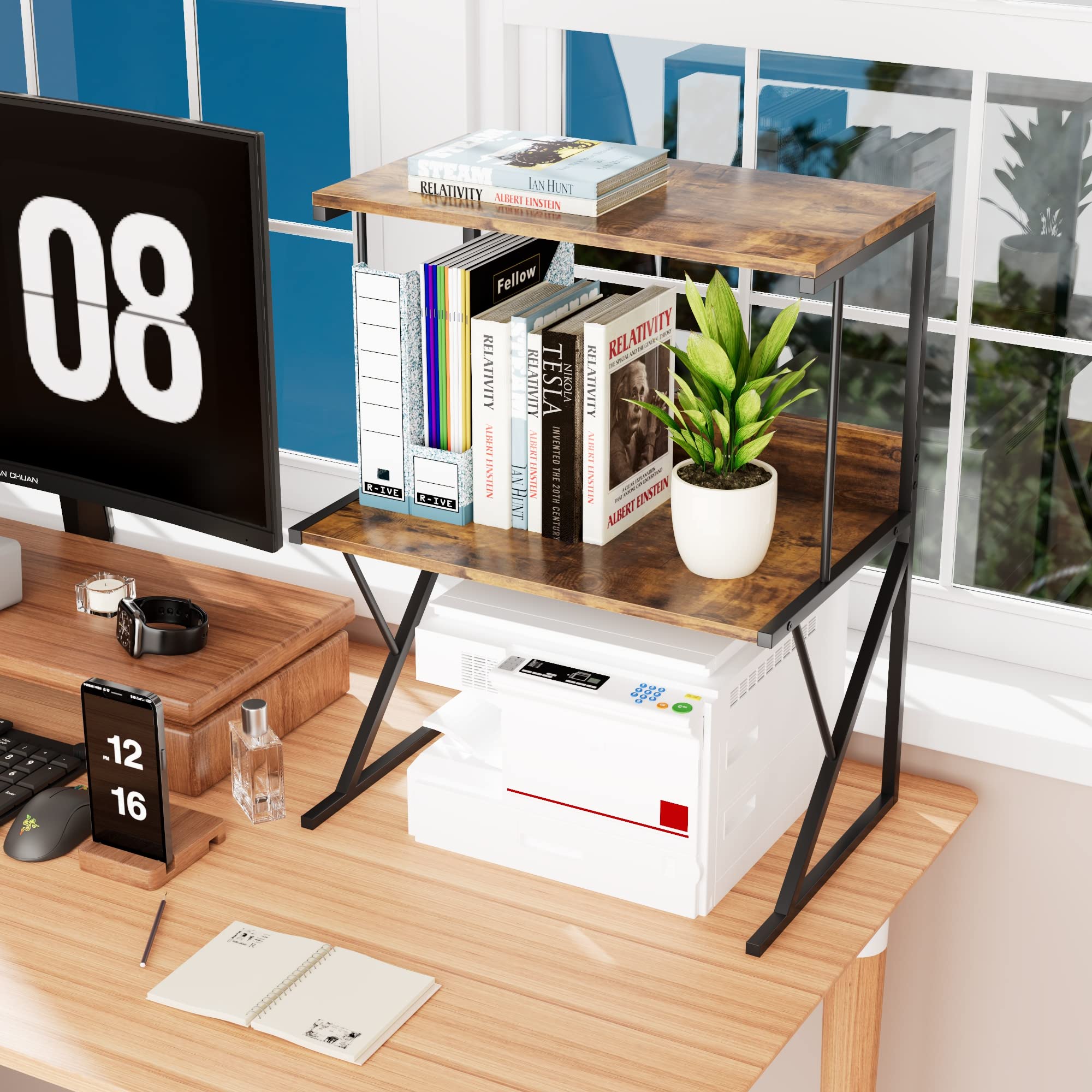 Aboxoo 3-Tier Rustic Brown Printer Stand for Desk - Multi-Purpose Office Shelf Organizer for Printer, Fax Machine & Books | Perfect for Home Office & Workspace Organization