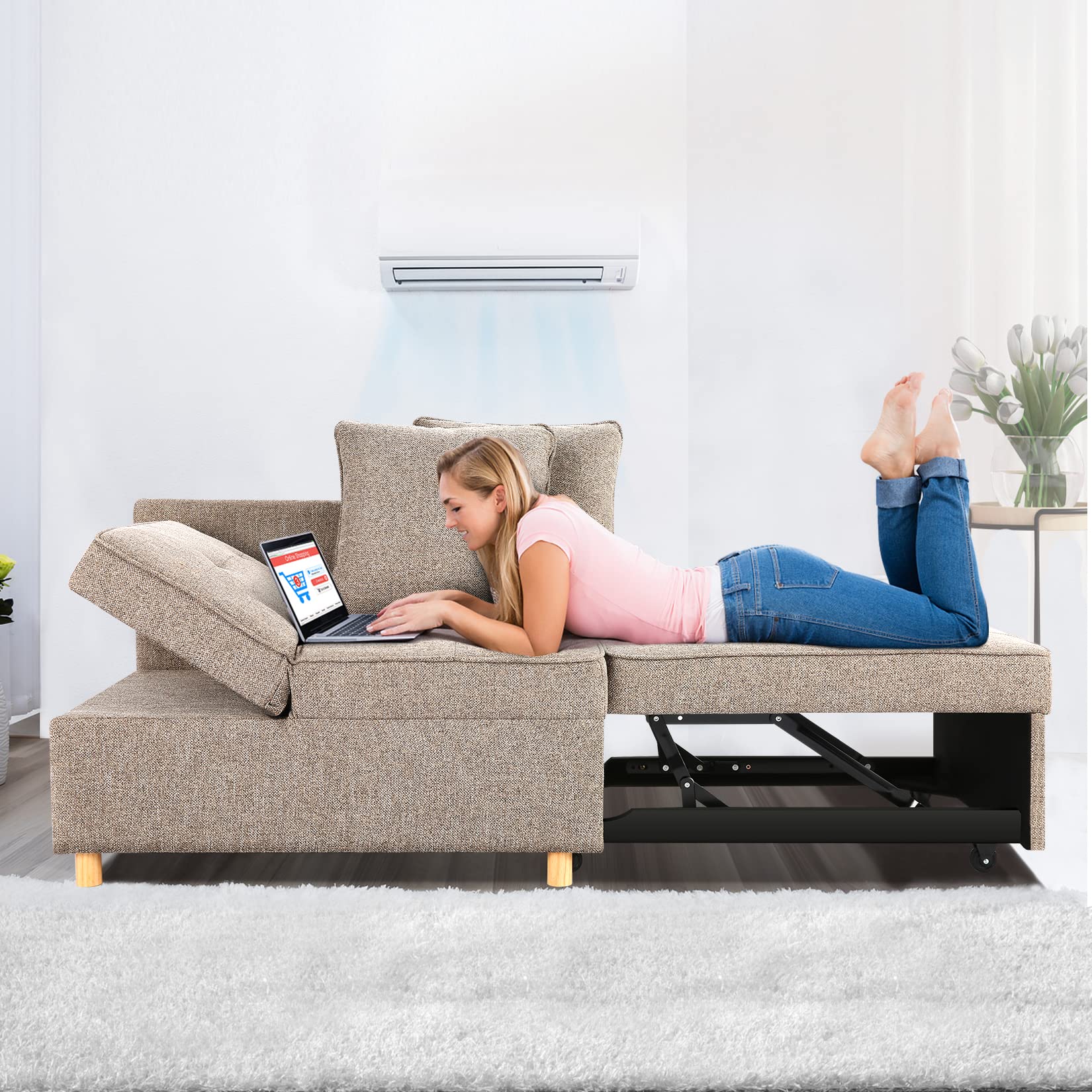 SEJOV 4-in-1 Folding Sleeper Sofa Bed Chair - Convertible 3-Seat Linen Fabric Loveseat with 2 Throw Pillows, Adjustable Backrest Recliner Couch for Small Spaces | Perfect for Apartments, Guest Rooms, Dormitories & Home Offices