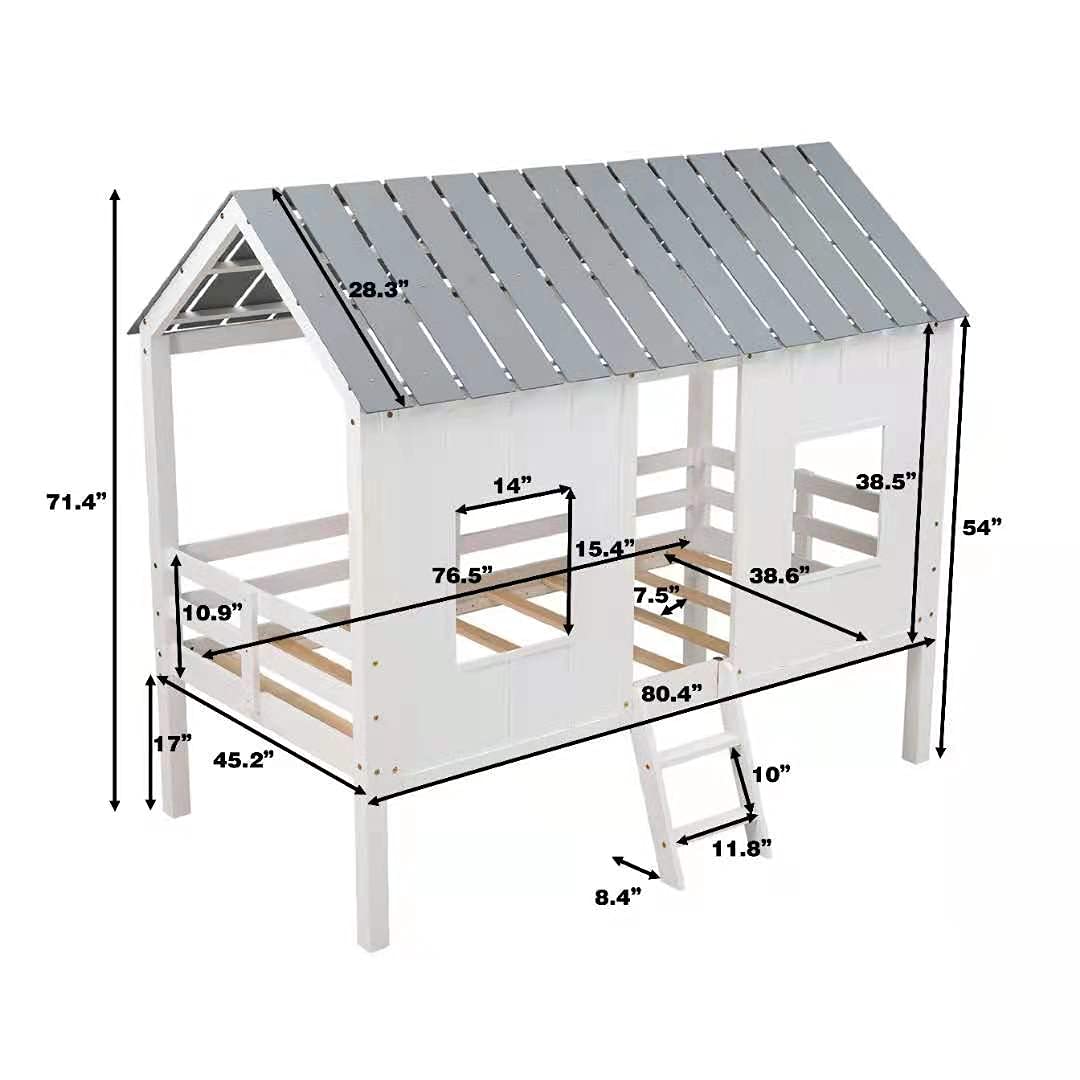 Wooden Bunk Bed with Roof, Window & Guardrail - Kids Loft Bed with Ladder for Toddlers & Teens | Easy Assembly Wood House Bed for Bedrooms, Playrooms & Dorm Rooms