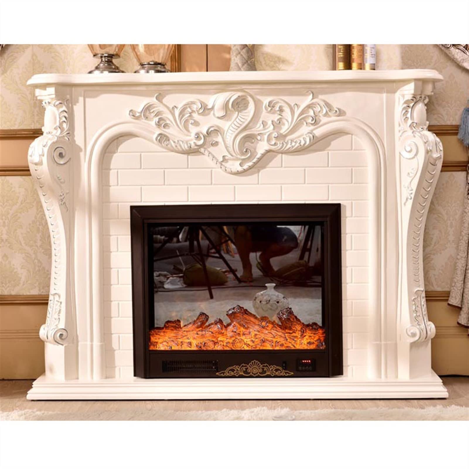 Electric Fireplace Insert with Realistic Flame Effect - White Wooden Mantel Frame, No Heater - Perfect for Living Room, Bedroom & Office Decoration