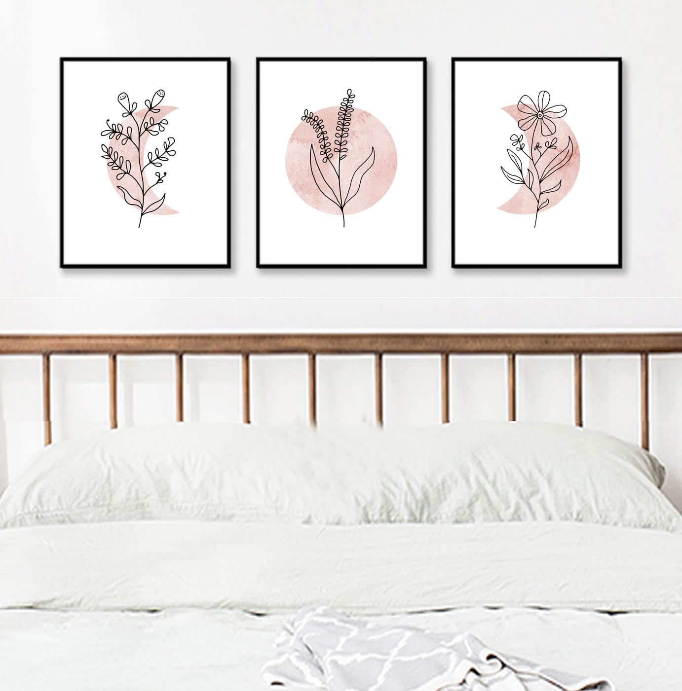 Boho Blush Pink Floral Moon Art Prints - Set of 3 Abstract Black Line Wall Decor with Sun & Moon Phases - 11x14 Inch Unframed Canvas Art for Bedroom, Living Room & Nursery Decor