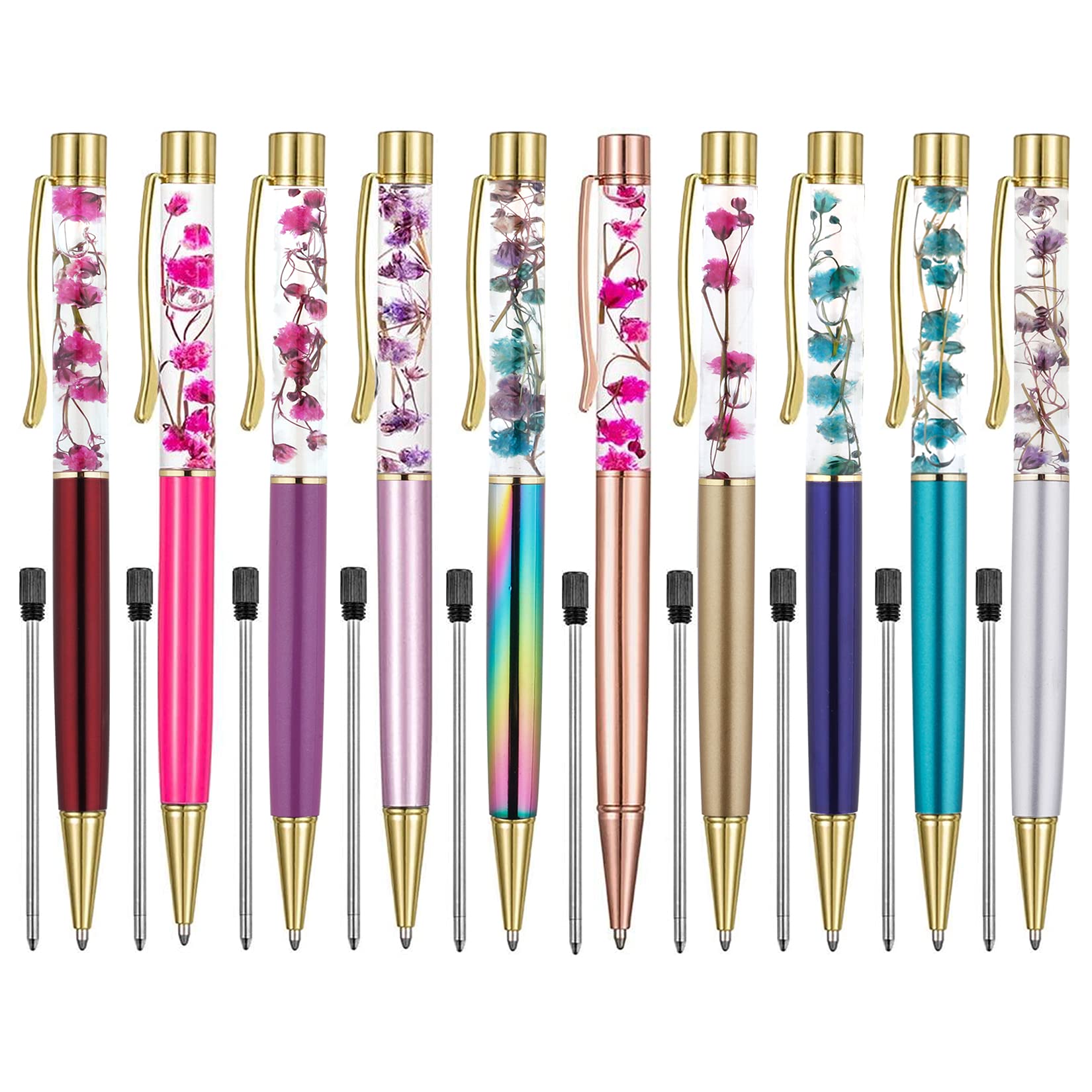 10 Pack Elegant Metal Ballpoint Pens with Flower Design - Refillable Black Ink Pens for Women, Office, School & Gift Giving - Perfect for Mother's Day, Birthday & Graduation Presents