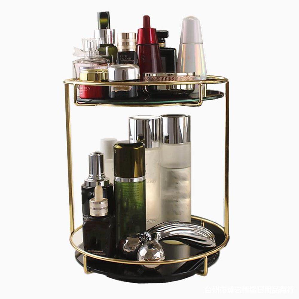 Double-Layer Rotating Glass Storage Tray - Non-Slip Surface with Bordered Edges for Kitchen Cabinets, Pantry, Bathroom & Dressing Table - Golden Cosmetic Organizer for Makeup, Jewelry & Small Essentials