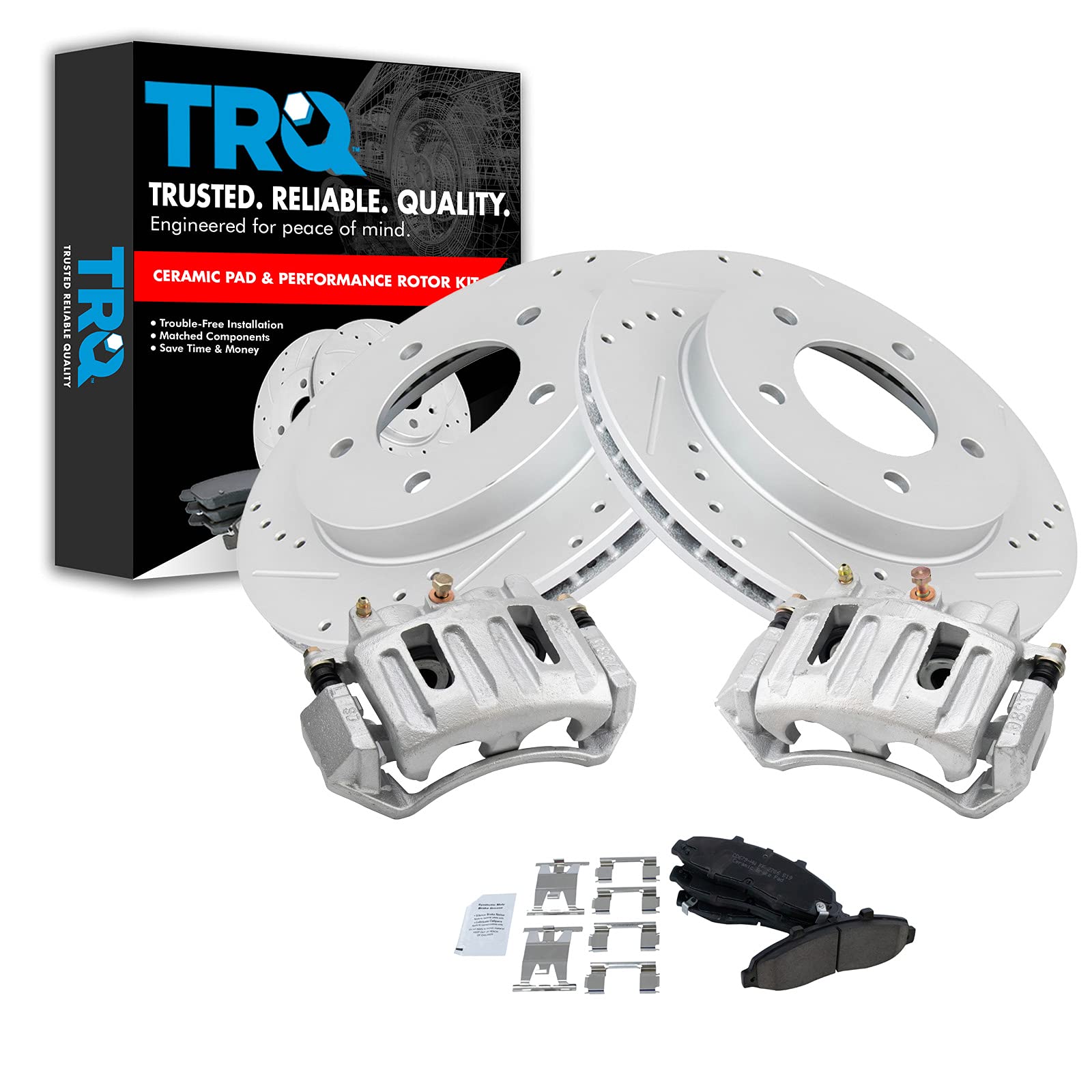 TRQ Front Performance Brake Pad & Rotor Kit - Ceramic Vented Premium G-Coated Brake Caliper Set - Compatible with 1997-2001 Ford F-150 - Perfect for Off-Roading, Towing & Heavy-Duty Use