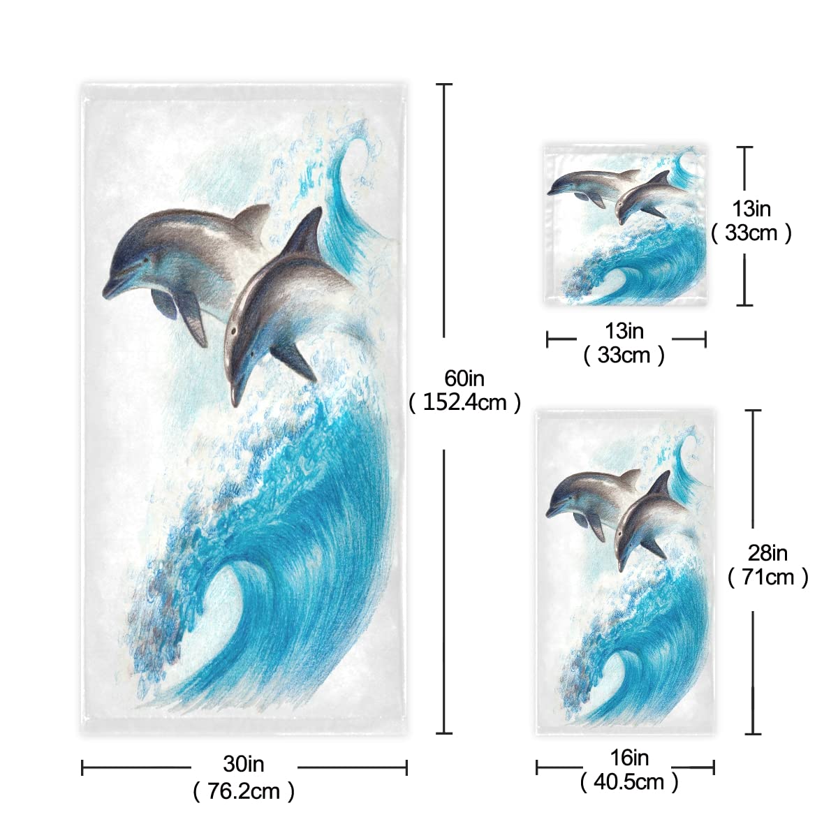 3-Piece Nautical Dolphin Bath Towel Set - Super Absorbent, Soft & Quick-Dry Cotton Bath Sheets for Bathroom, Beach & Pool Use