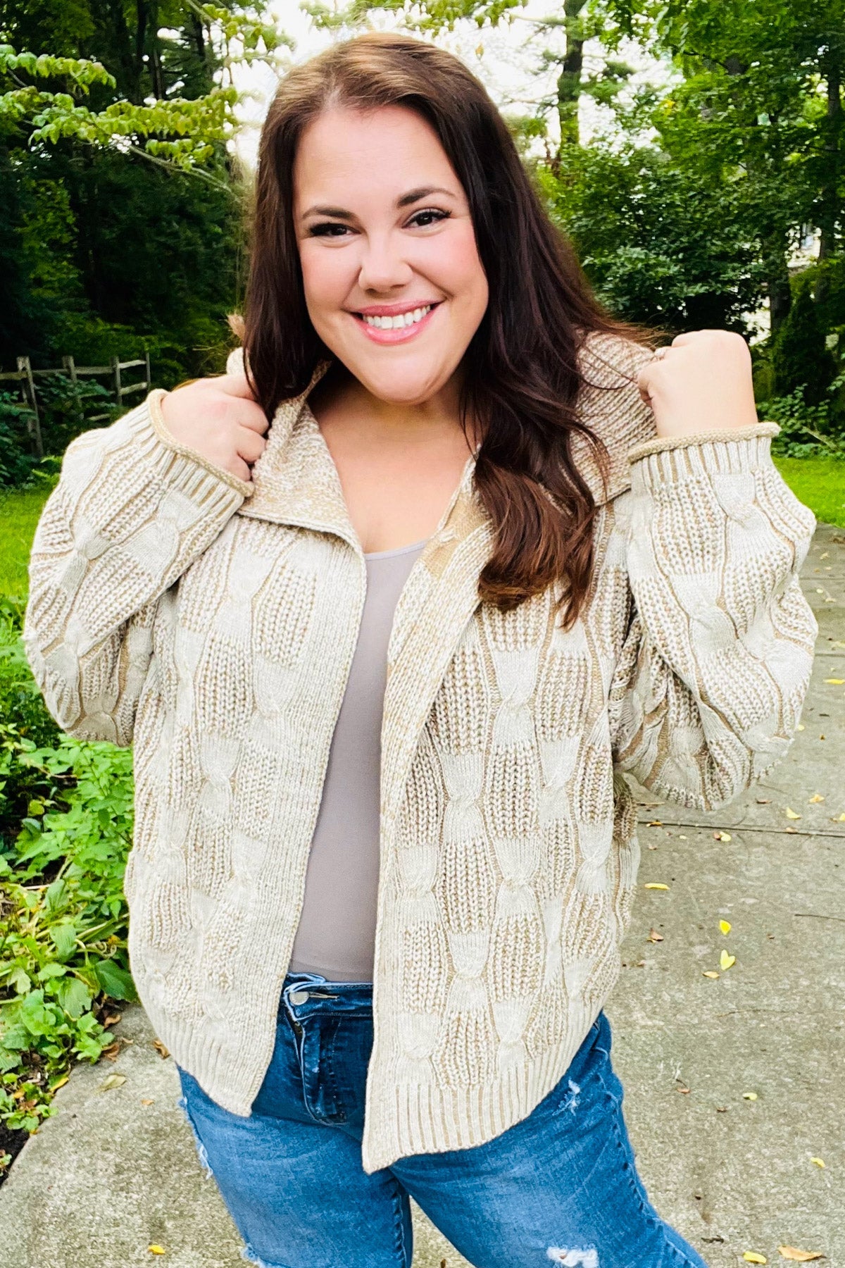 Cozy Taupe Textured Cable Knit Collared Cardigan for Women | Autumn Fall Sweater | Perfect for Layering, Office Wear & Casual Outfits
