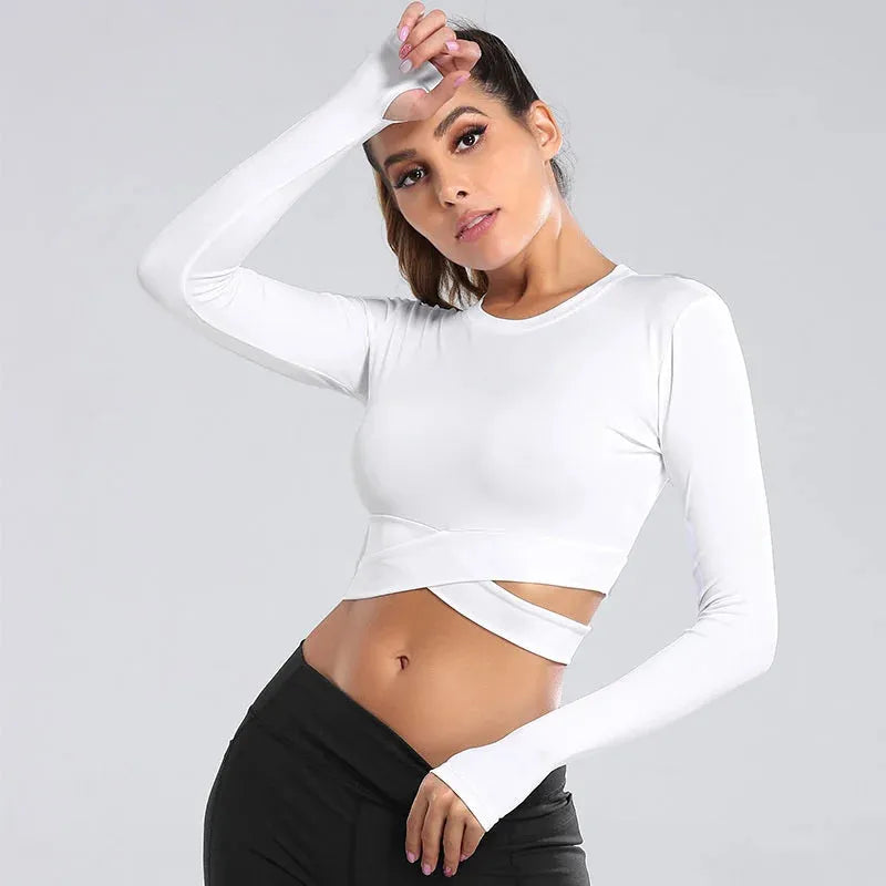 AIITHUUG Midriff Long Sleeve Yoga Top - Women's Slim Fit Criss Cross Waist Workout Shirt for Gym, Running & Fitness | Breathable Sports Crop Top for Yoga, Pilates & Active Lifestyle