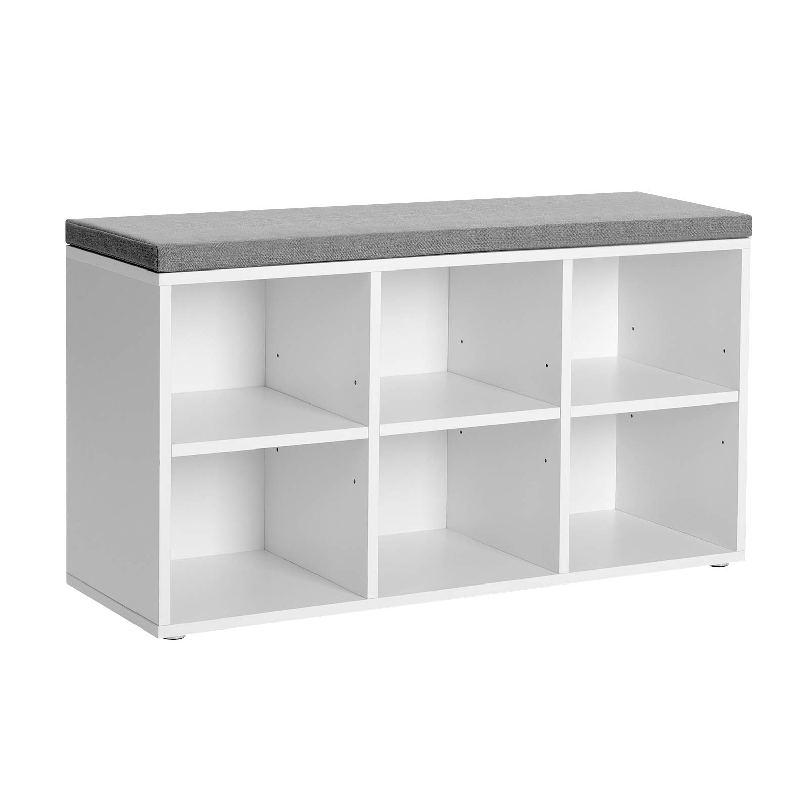 VASAGLE 6-Compartment Shoe Storage Bench with 3 Adjustable Shelves & Cushioned Seat - Compact Narrow Entryway Organizer for Hallway, Closet, Living Room - White & Gray ULHS23WT | Perfect for Small Spaces & Home Organization