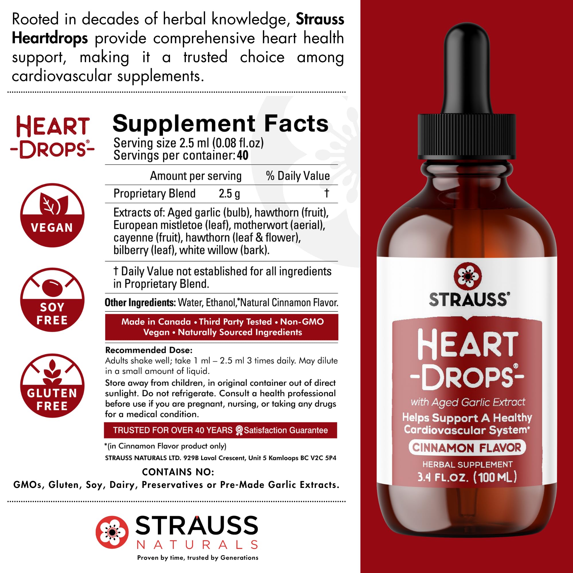 Strauss Naturals Heart Drops - Natural Mistletoe & Aged Garlic Extract Supplement for Cardiovascular Support - Vegan, Non-GMO, Cinnamon Flavored Heart Health Drops (225ml) - Supports Healthy Blood Pressure & Circulation for Active Lifestyles