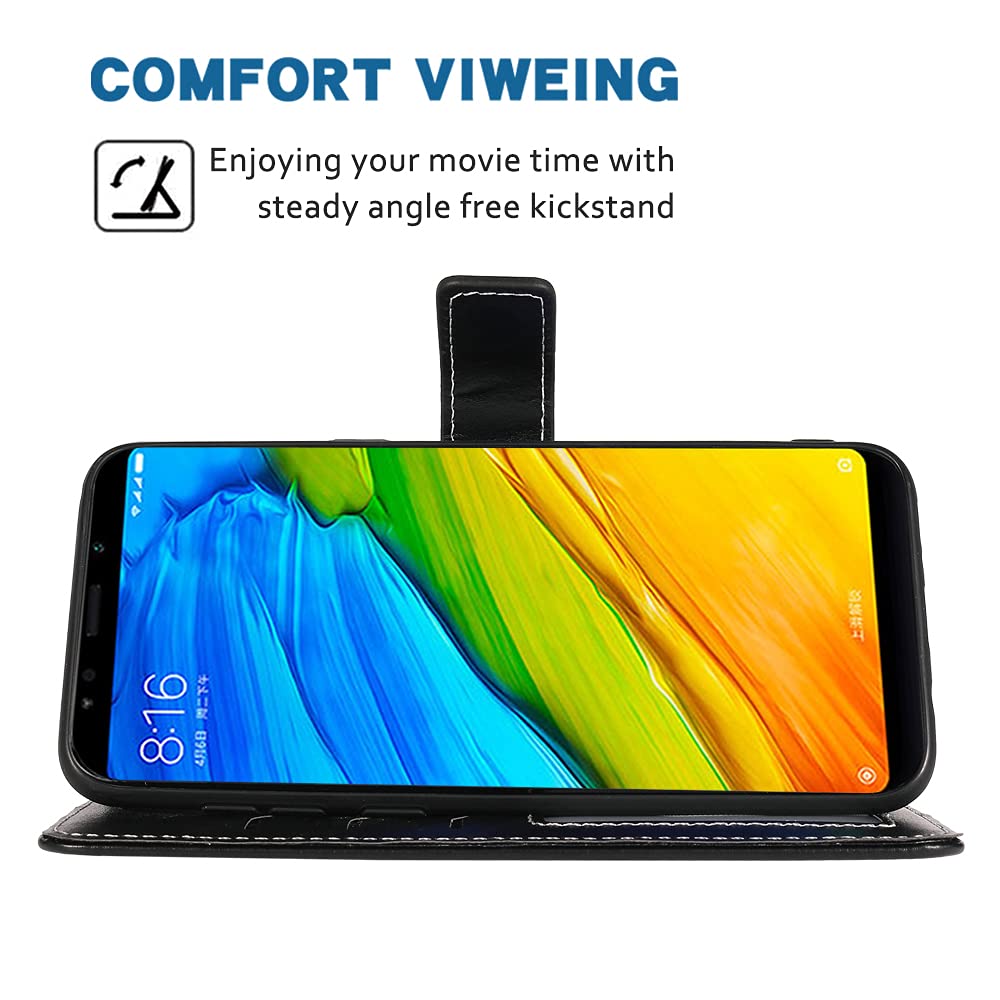 Xiaomi Redmi Note 5 Wallet Case - Leather Flip Cover with Card Holder, Wrist Strap & Stand | Compatible with Redmi Note 5 | Perfect for Daily Use, Travel & Hands-Free Viewing (Black)