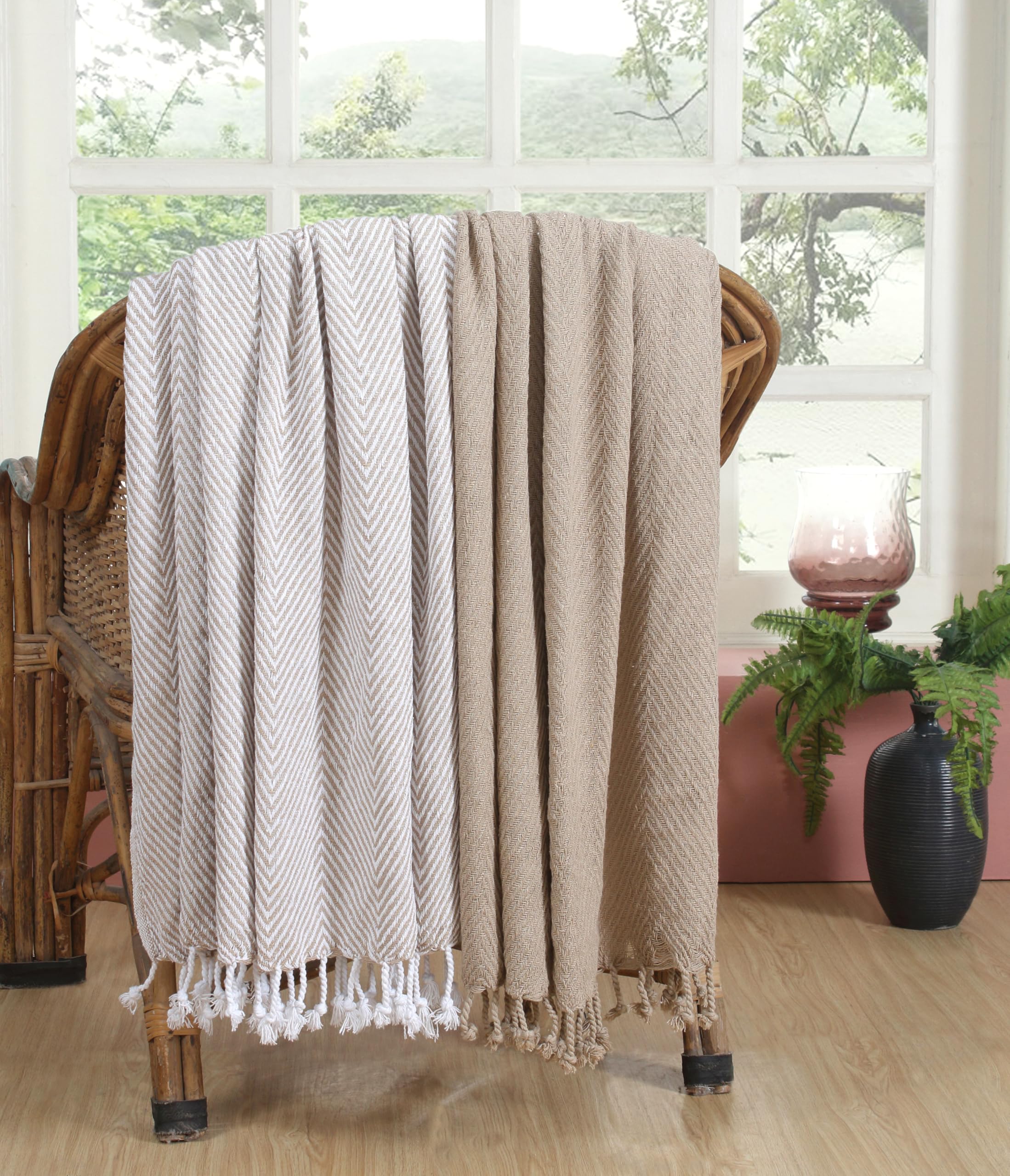 100% Cotton Handloom Chevron Throw Blanket Set of 2 (50x60 Inch) - Soft & Luxurious for Indoor & Outdoor Use - Perfect for Sofa, Bed, Picnic & Travel - Beige