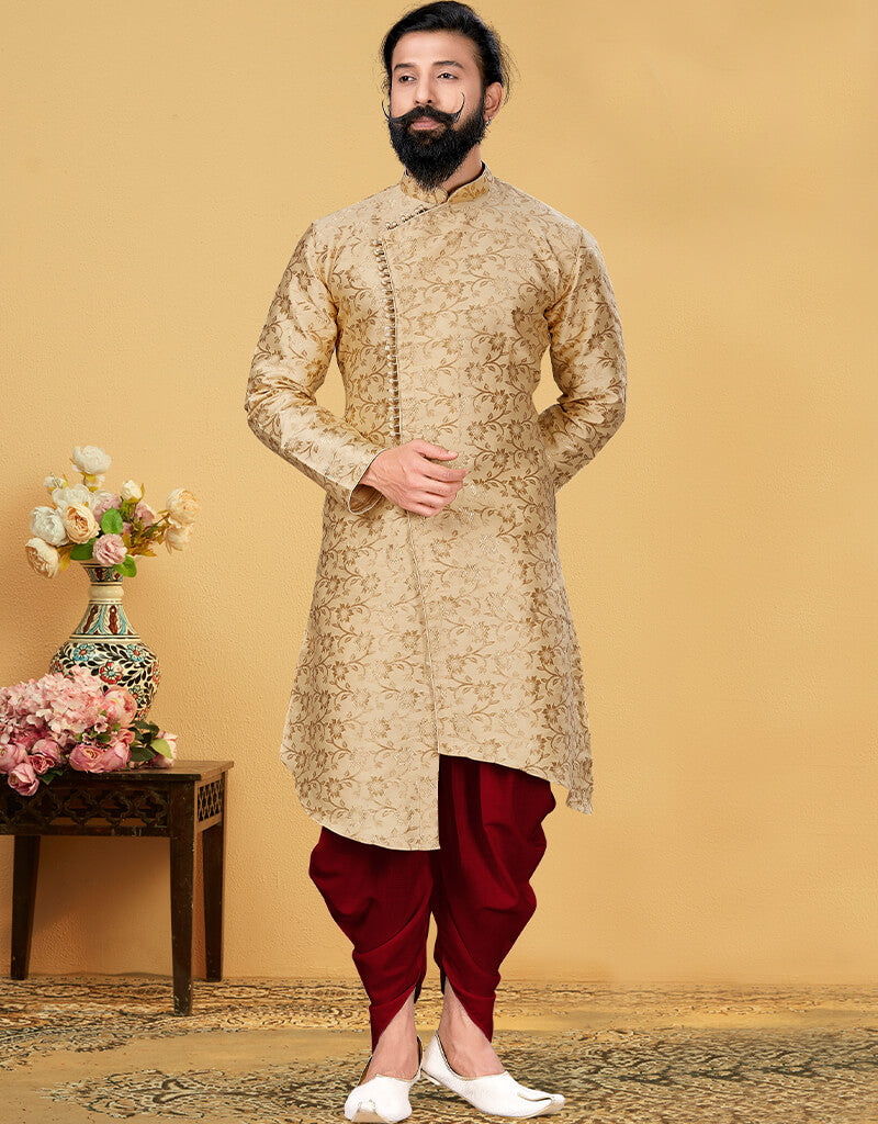 Elegant Beige Kurta with Jacquard Silk Dhoti Set for Men - Perfect for Indian Weddings, Festivals & Cultural Events