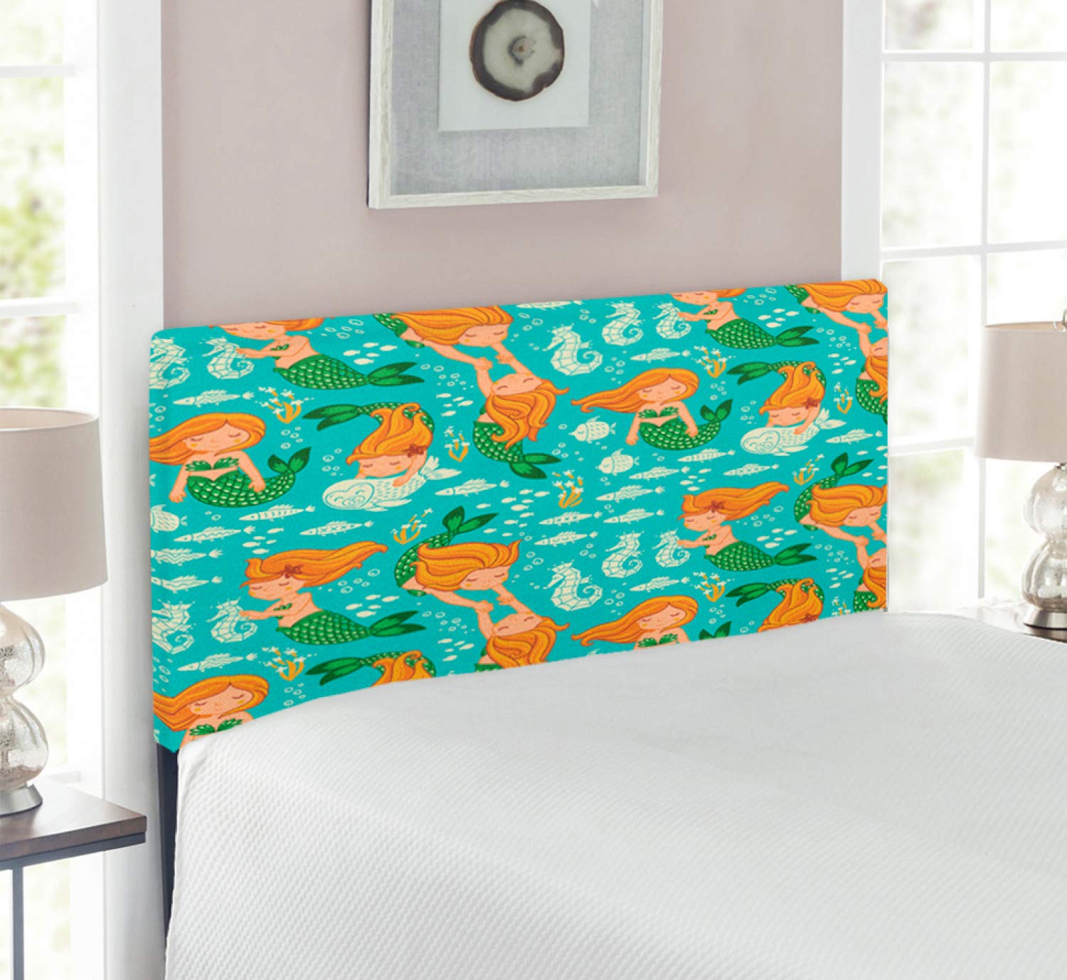 Ambesonne Underwater Headboard - Twin Size Upholstered Decorative Metal Bed Headboard with Memory Foam, Underwater World Little Mermaid Theme with Seahorse Fish Shells in Turquoise Marigold Green - Perfect for Girls' Bedroom Decor and Fantasy Themed Rooms