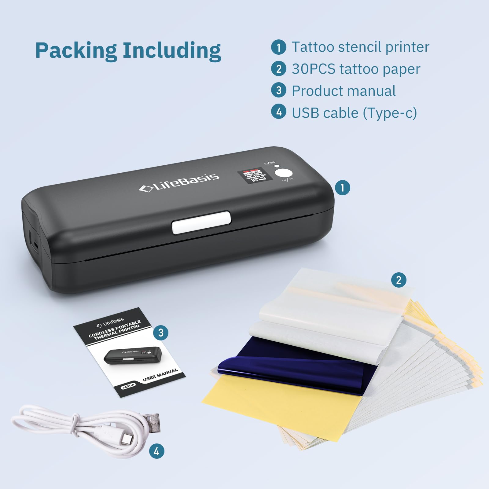 LifeBasis Bluetooth Tattoo Stencil Printer - Wireless Thermal Tattoo Transfer Machine with 30PCS Stencil Paper, Compatible with iOS & Android - Perfect for Tattoo Artists & Home Tattoo Kits