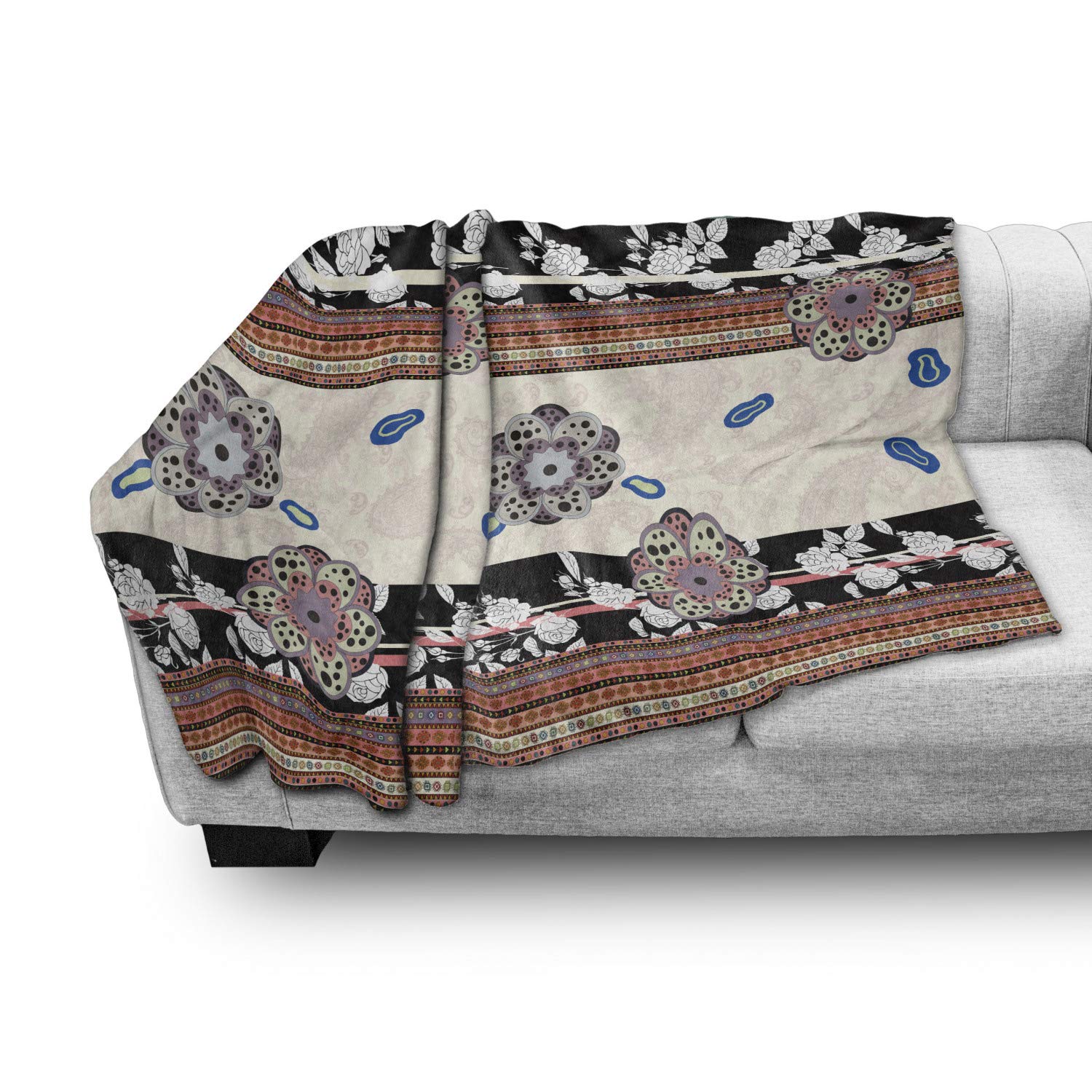 Ambesonne Floral Throw Blanket - Soft Fleece Blanket with Abstract Dotted Petals & Oriental Stripes - 50