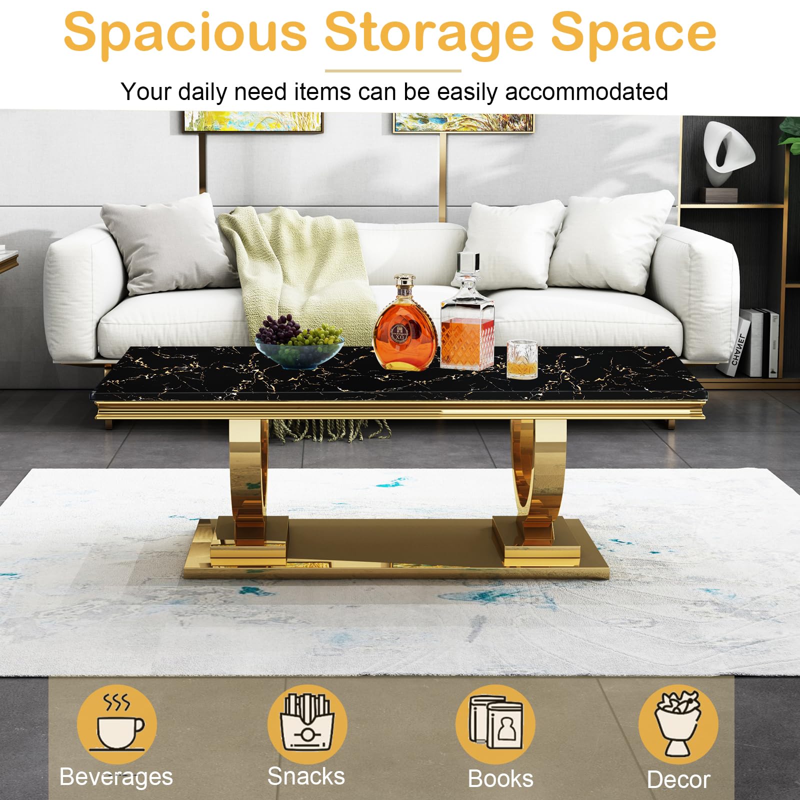 Goujxcy 3-Piece Marble Coffee Table Set - Black & Gold Stainless Steel Frame, 1 Rectangular Coffee Table & 2 Square End Tables - Modern Living Room Furniture for Apartment, Office, Lounge & Entertainment Areas