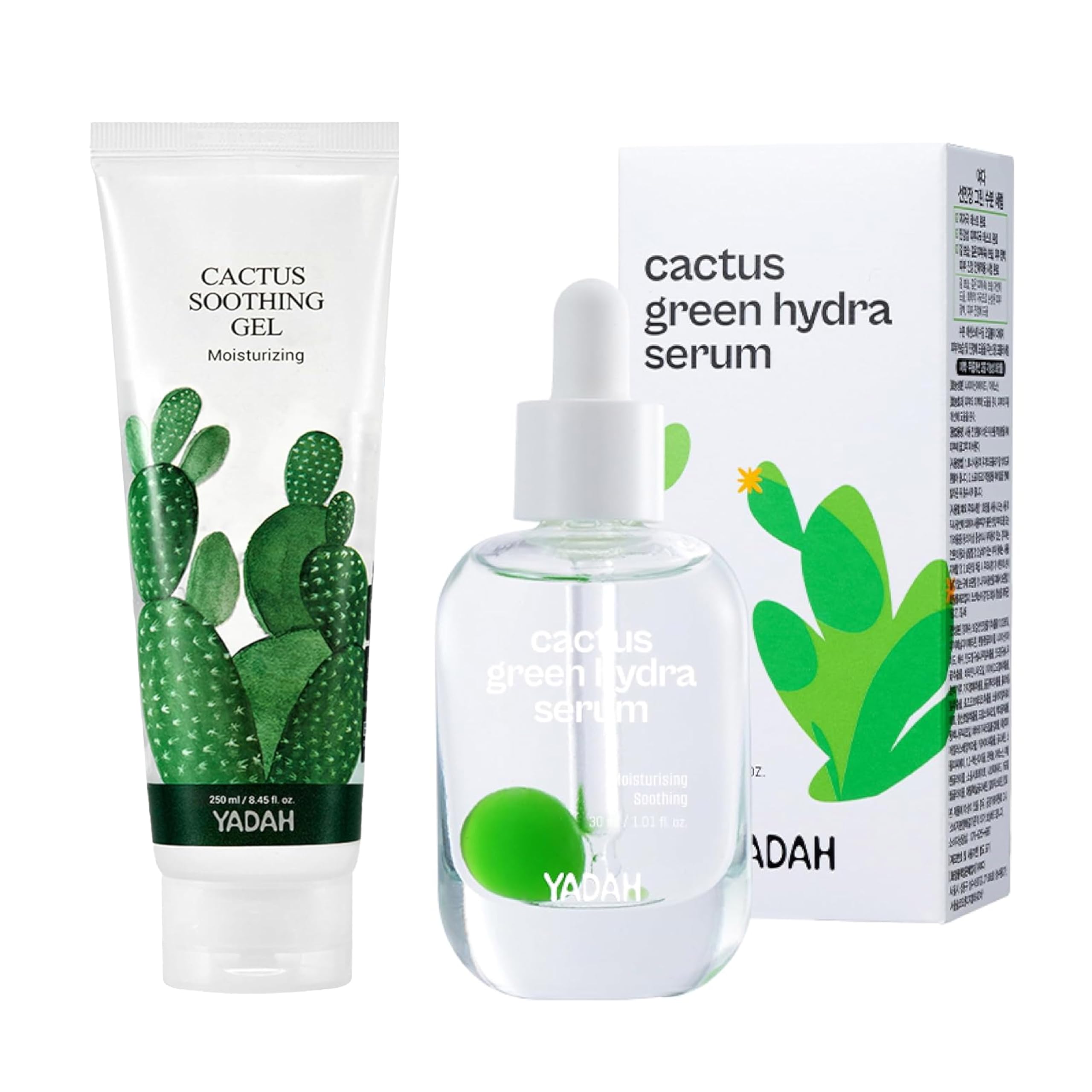 YADAH Cactus Soothing Gel 8.45oz & Cactus Green Hydra Serum 1.01oz - Vegan Sunburn Relief, Cooling Skin Care for Irritated Skin & Face Redness | Korean Skincare with Niacinamide for Hydration & Oil-Moisture Balance | Perfect for Post-Sun Care, Daily Hydration & Sensitive Skin Routine