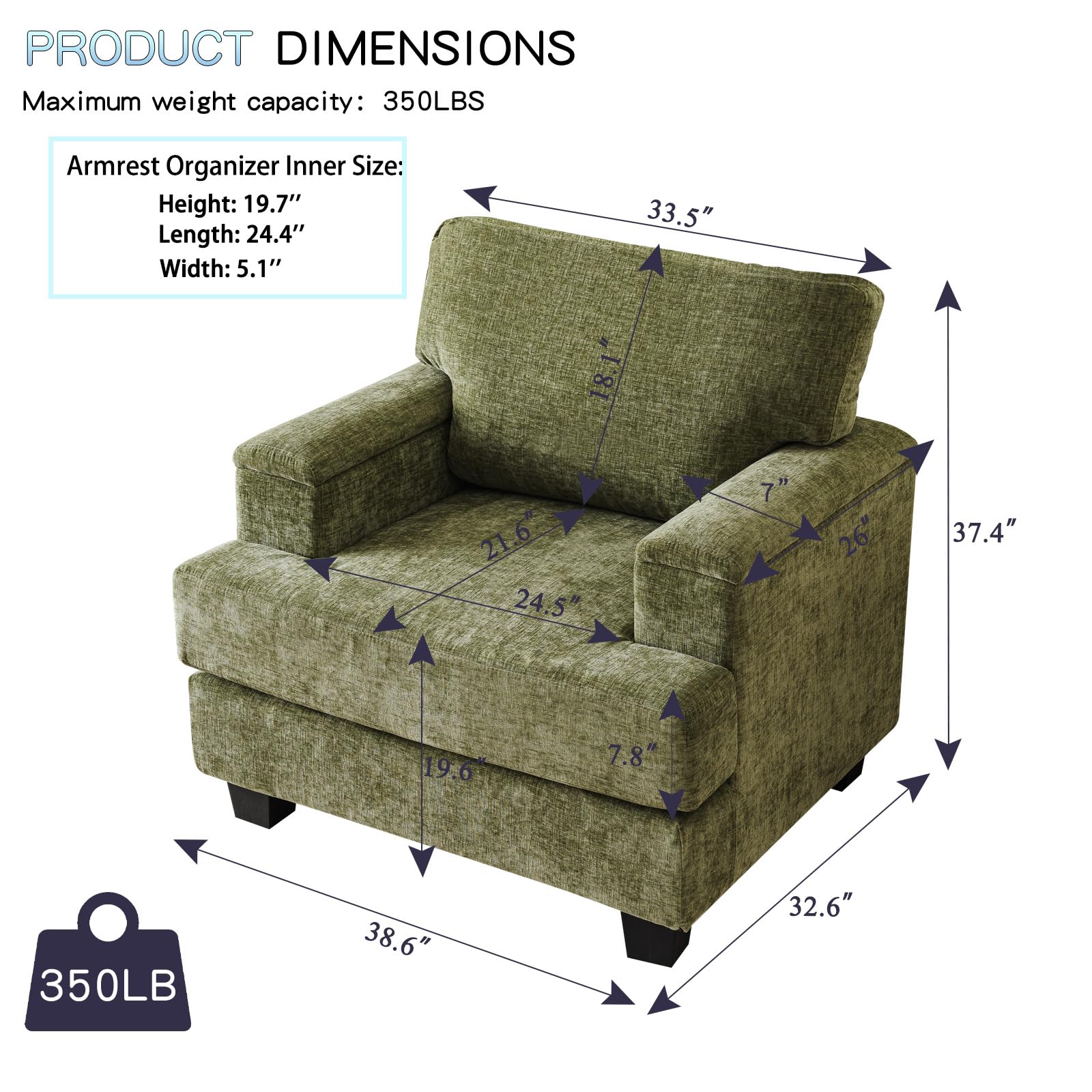 Oversized Mid-Century Accent Chair with Armrest Organizer - Plush 7.8