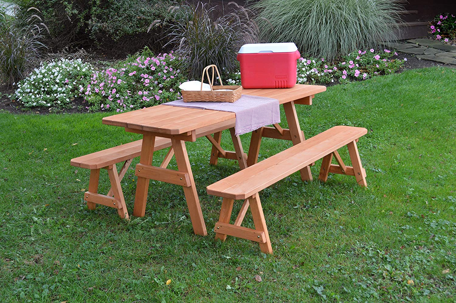 A & L Furniture 4ft Traditional Outdoor Dining Table with 2 Benches - Free Umbrella Hole Included | Perfect for Patio, Garden, and Backyard BBQs